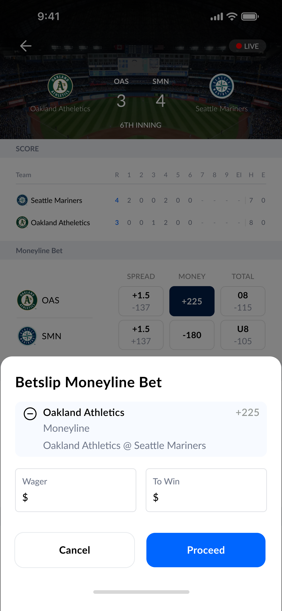Placing a moneyline bet from within a live game view.