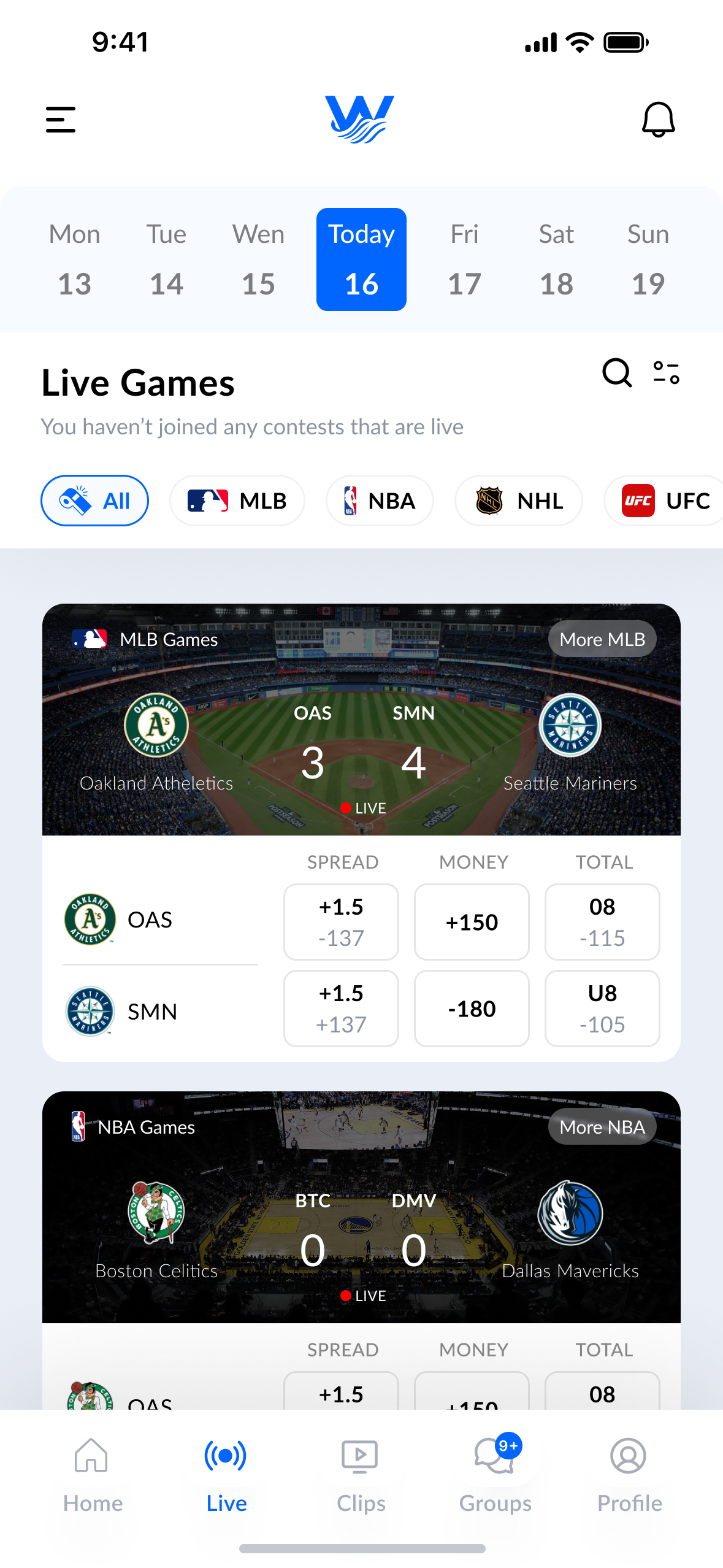 Live games list with a date selector and matchups by league.
