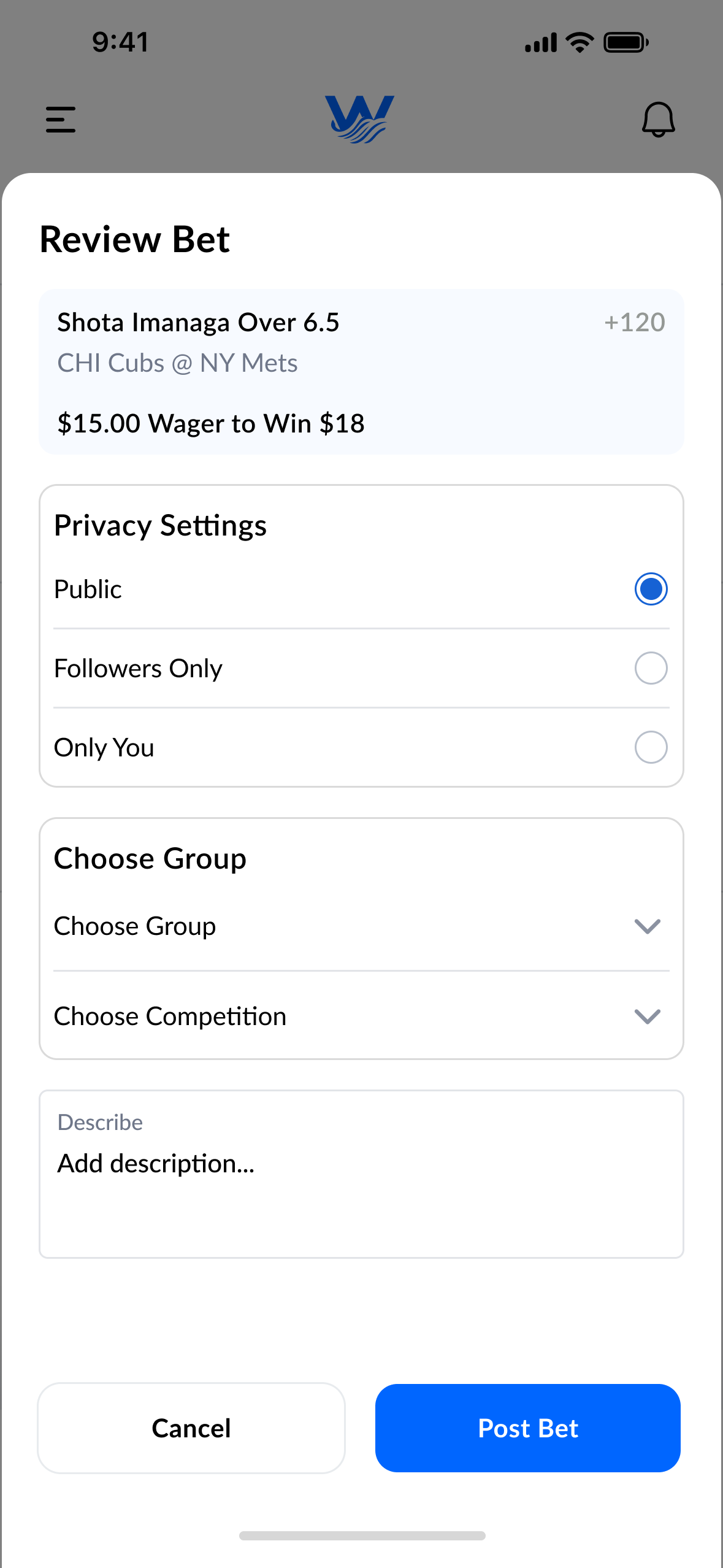 Confirmation after tailing a pick, showing the copied wager details.
