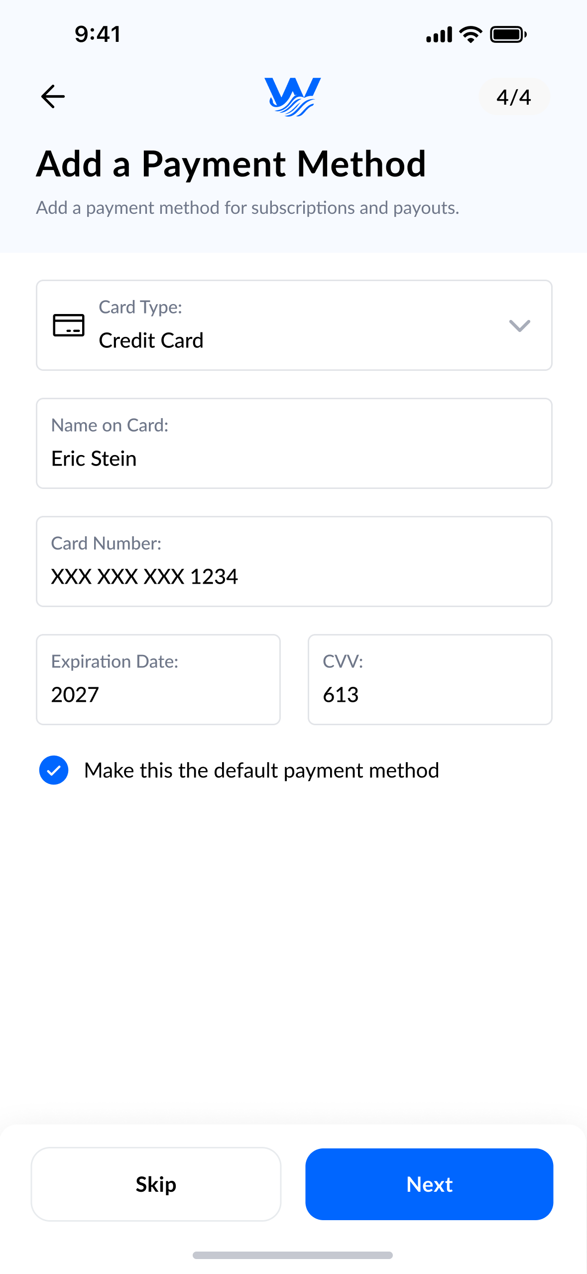 Account creation step for adding a payment method.
