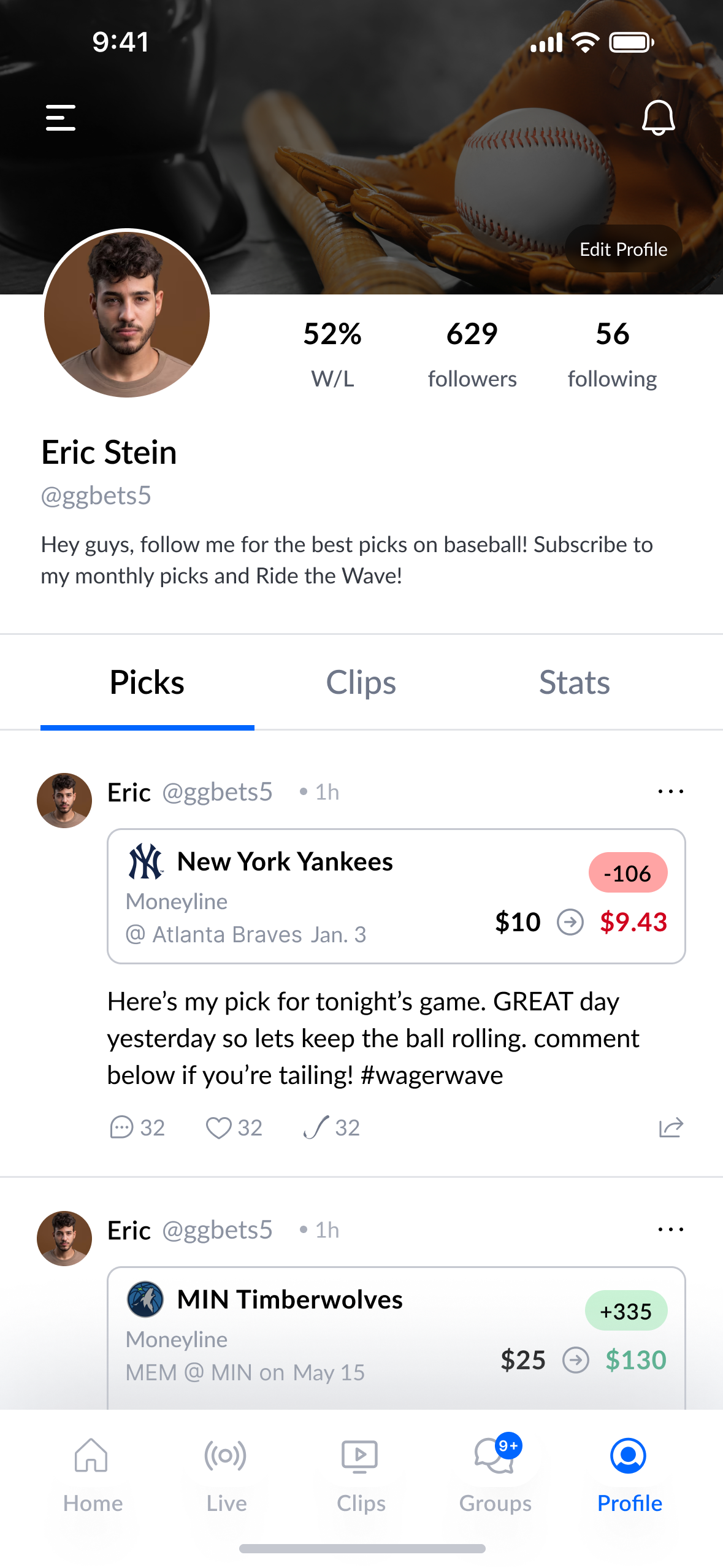 User profile with win rate, followers, and tabs for picks, clips, and stats.