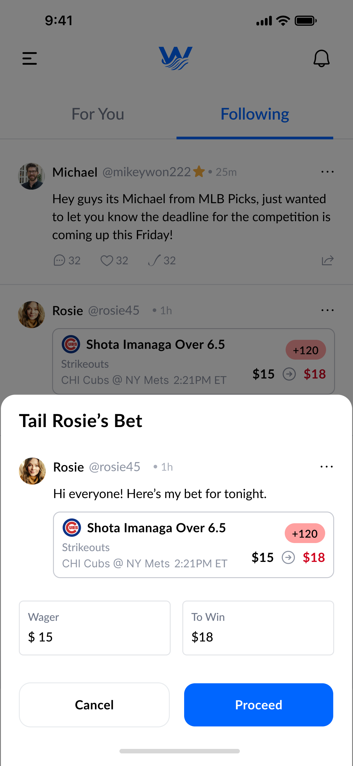 Tailing another user's bet directly from their shared pick.