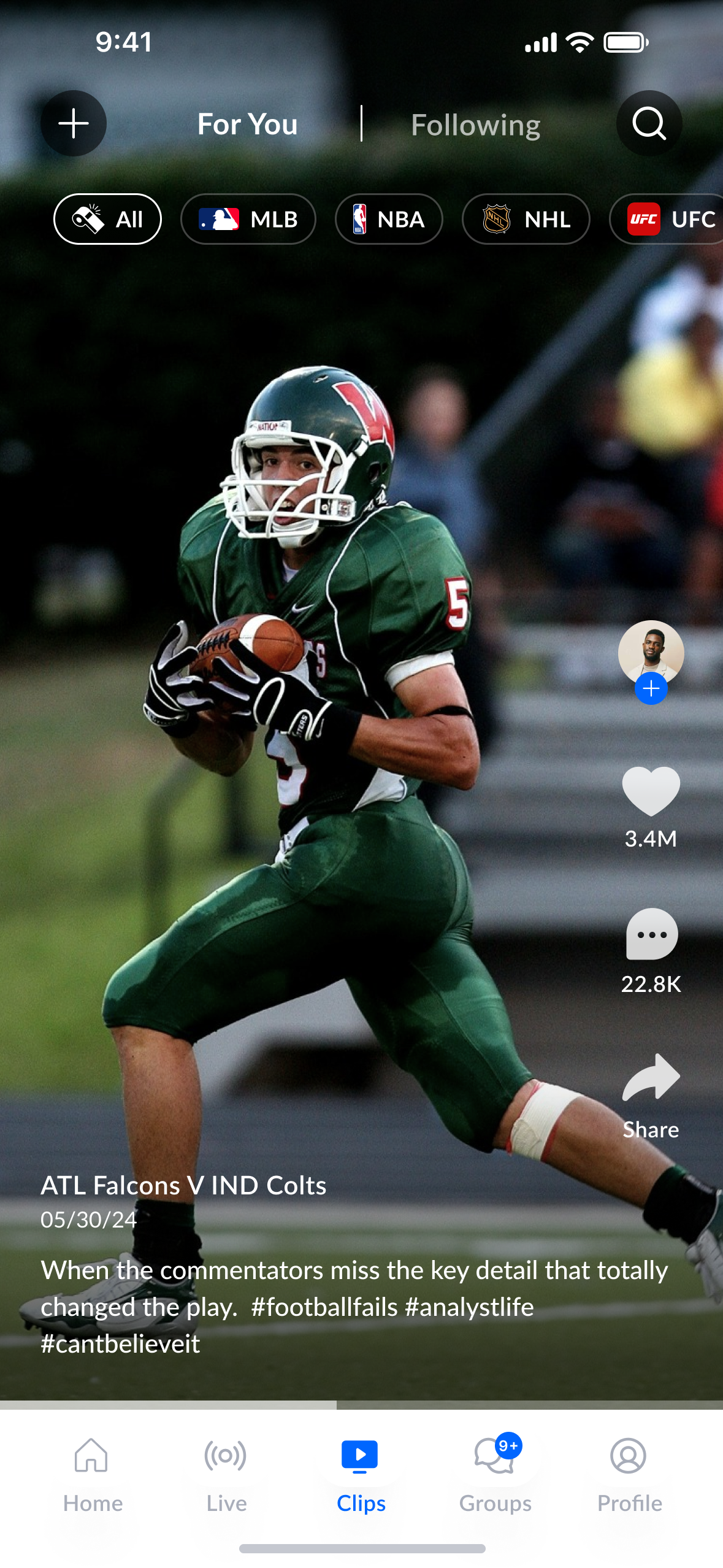 Video clips feed, letting users share highlights alongside their picks.