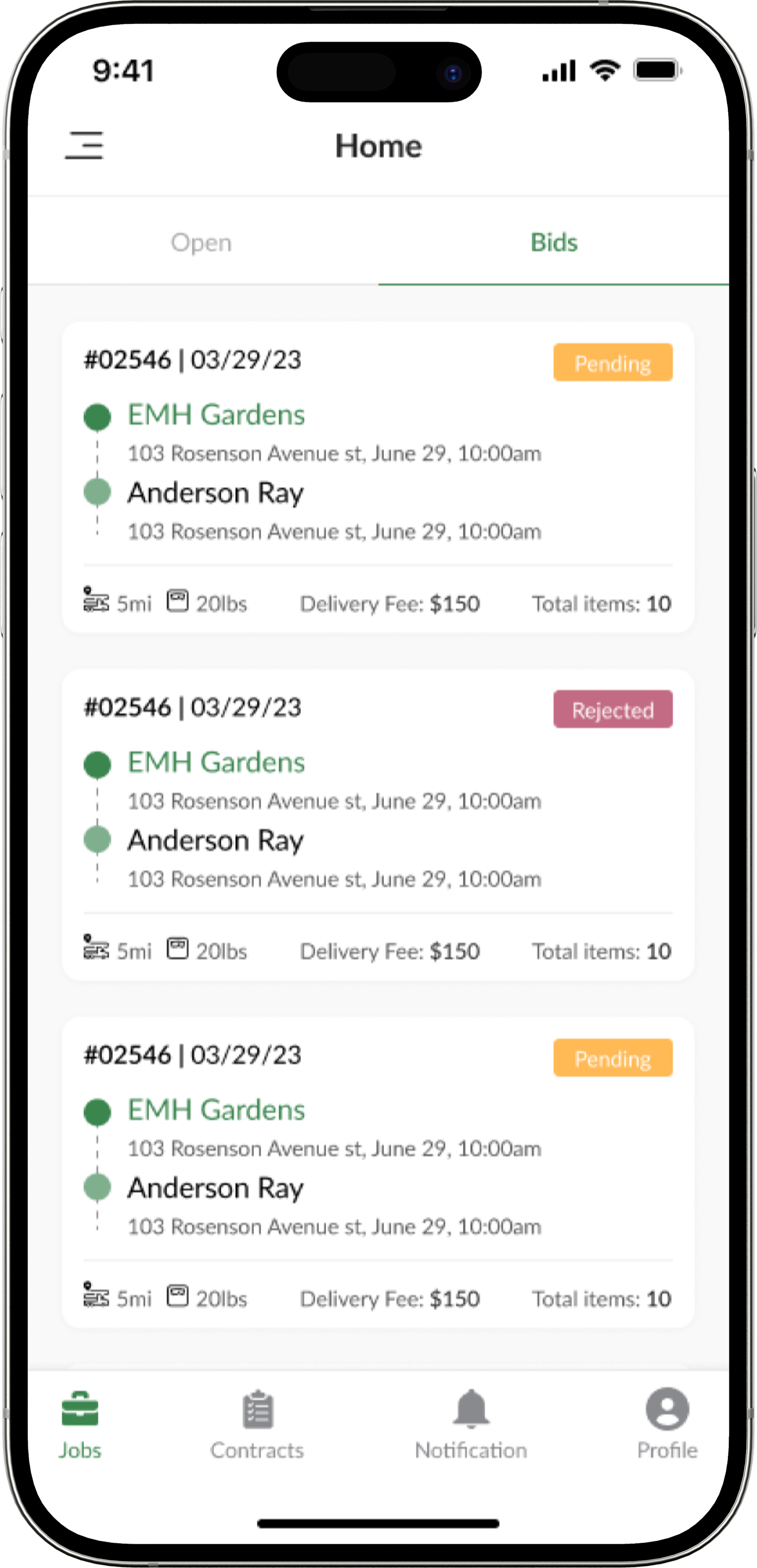Bid listings where drivers compete for delivery jobs on price.