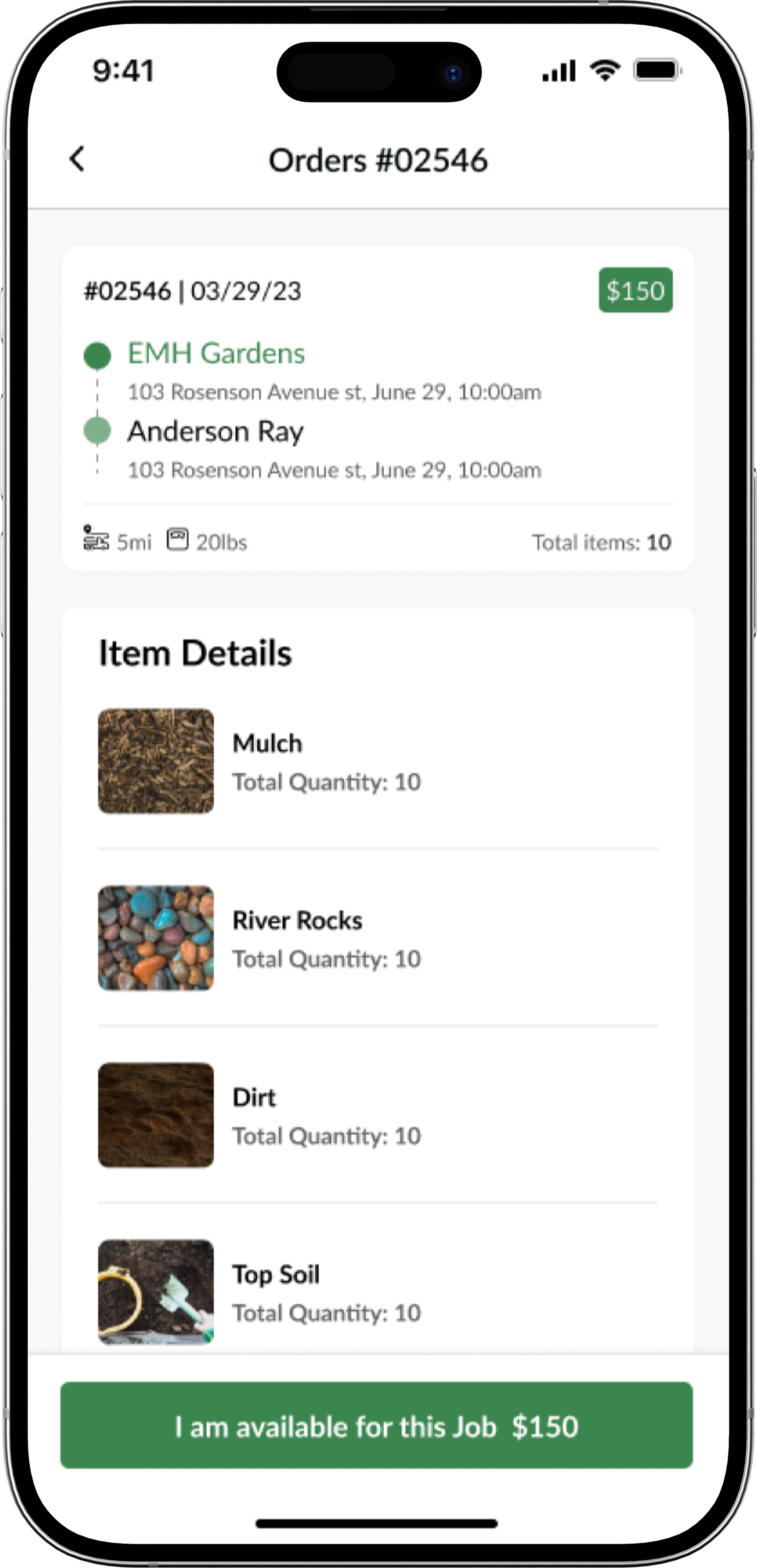 Job detail with pickup and drop-off locations, load, and payout.