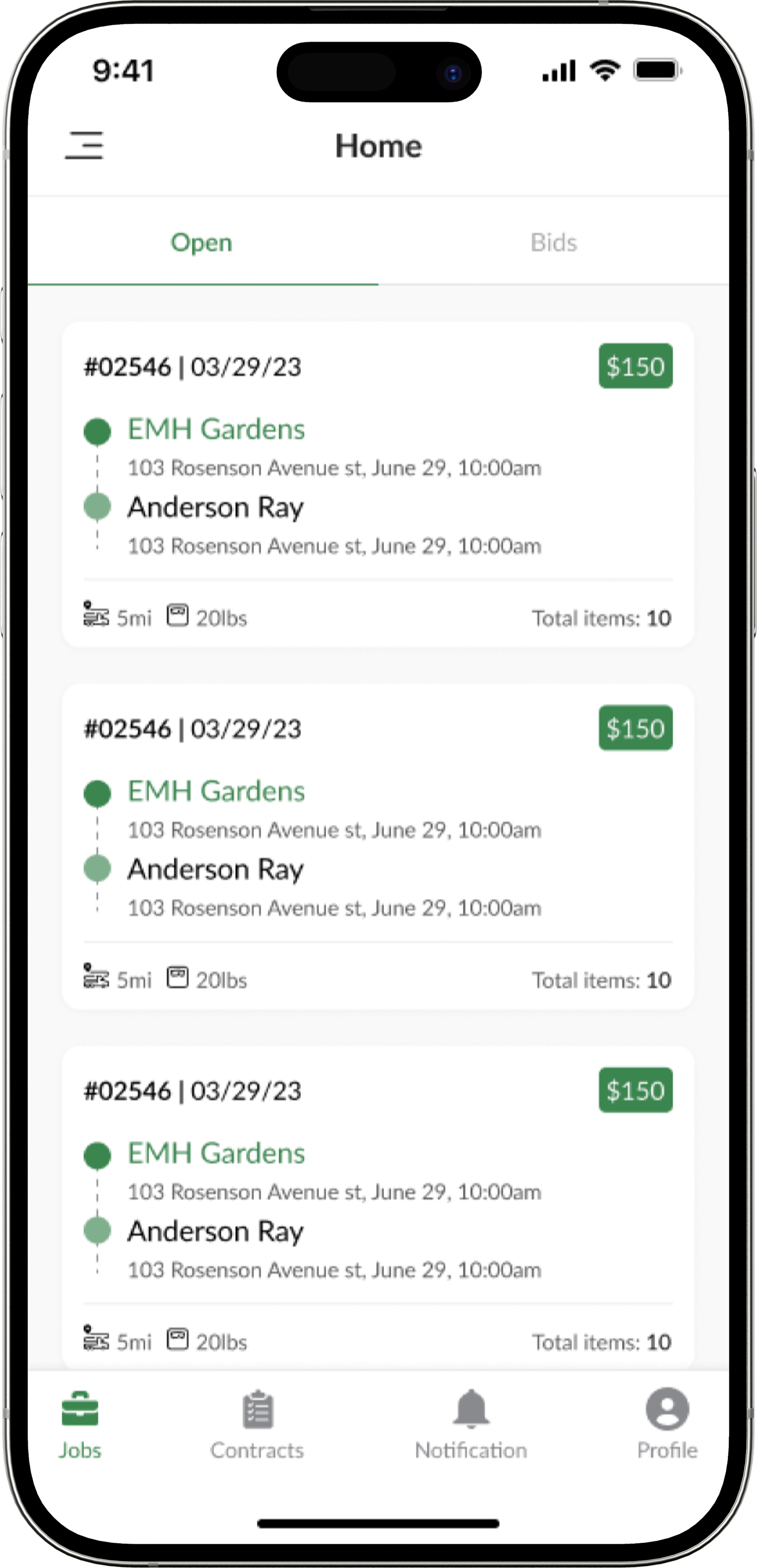 Job home screen showing available delivery work nearby.