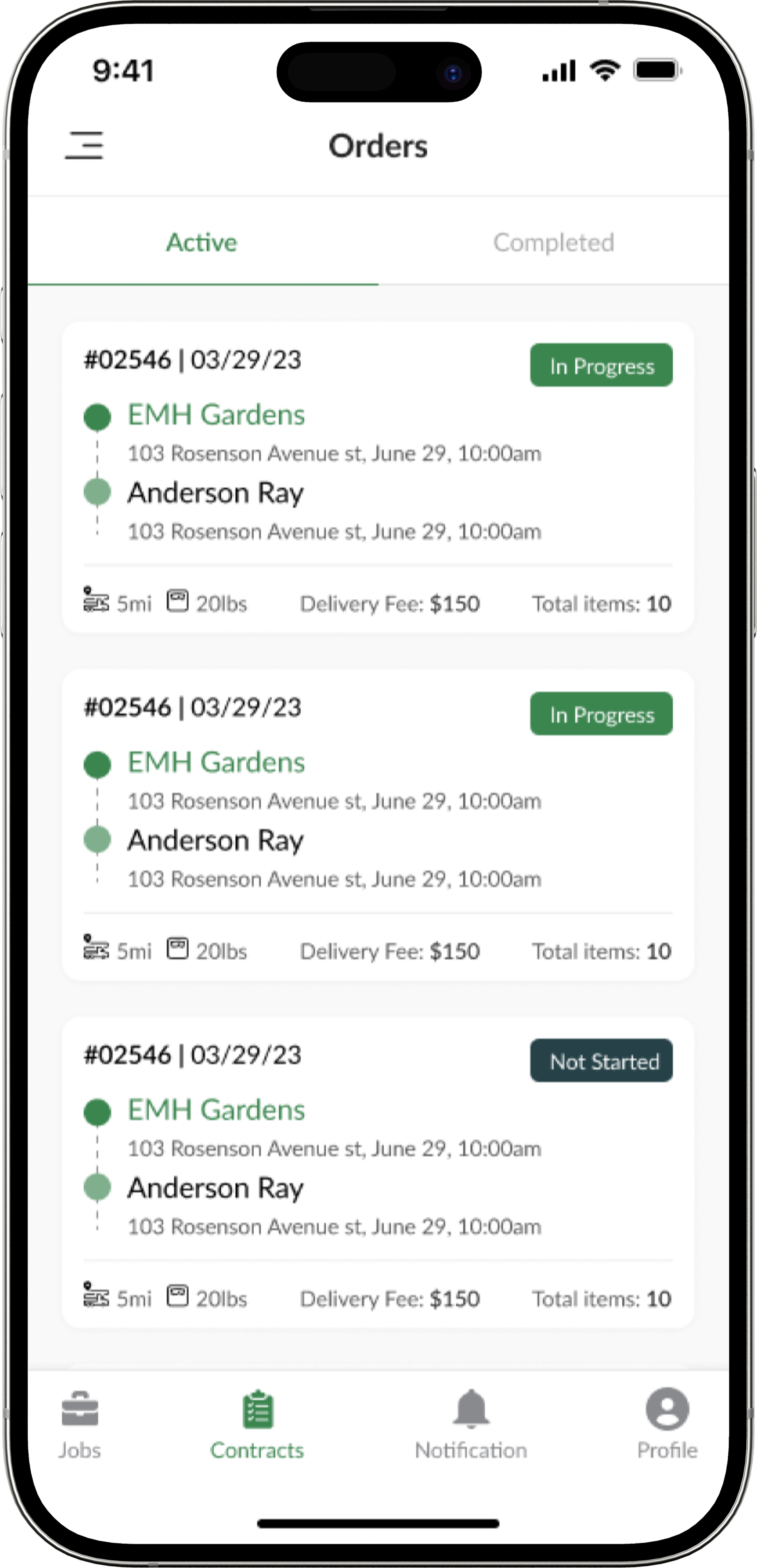 Active jobs list tracking deliveries currently in progress.