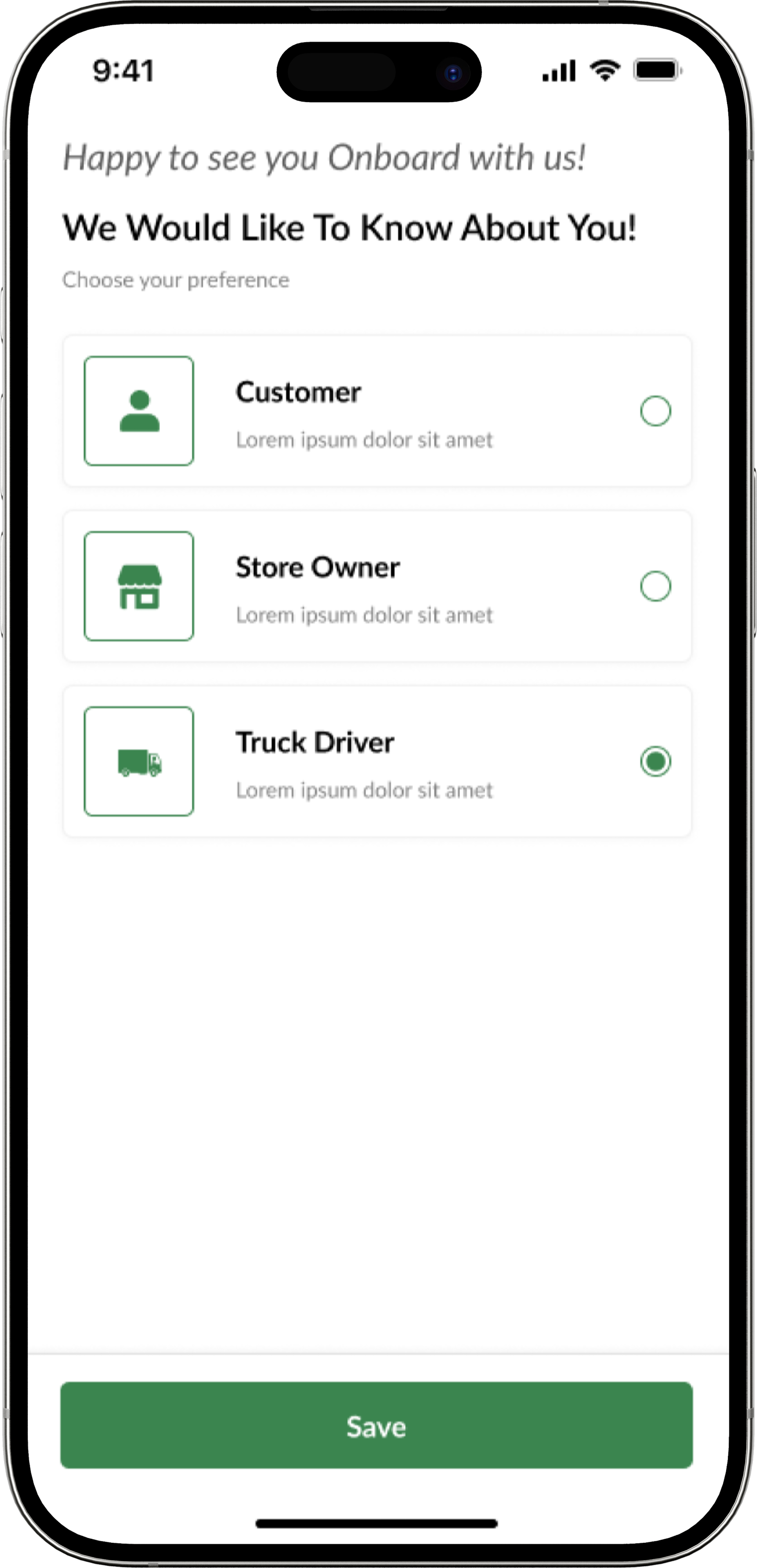 Driver selecting the truck driver account type during signup.