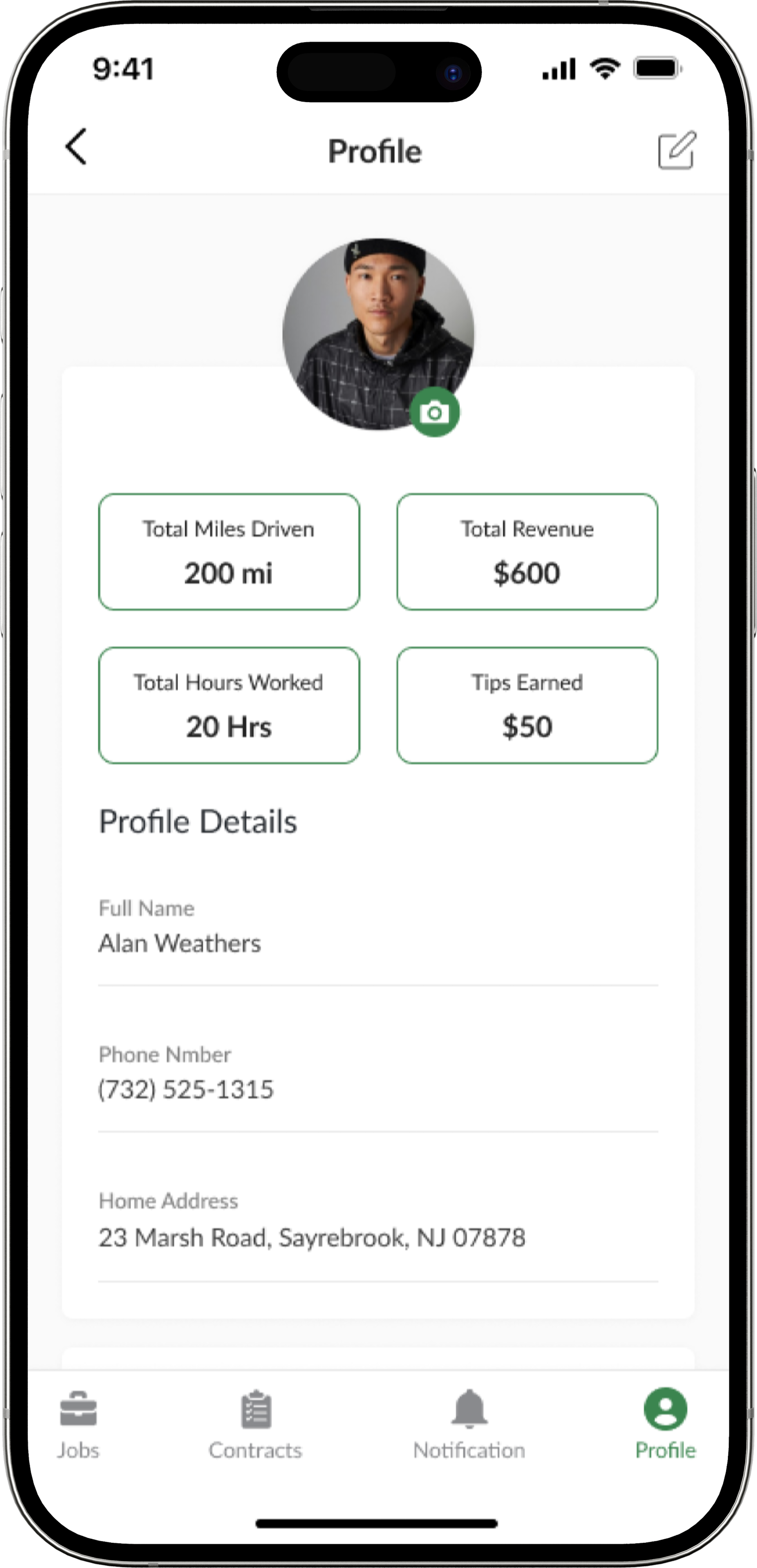 Driver profile with vehicle information, earnings, and ratings.