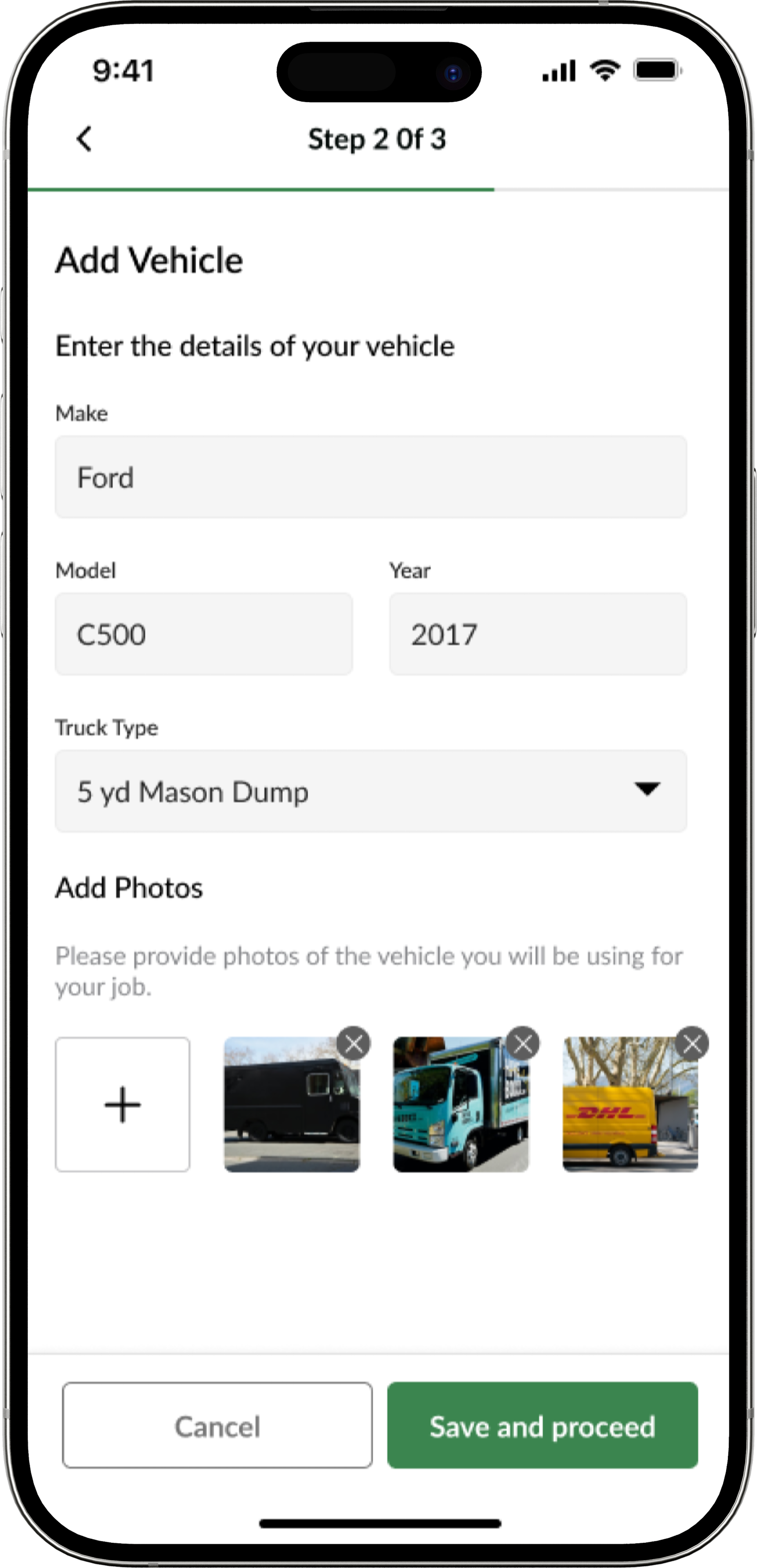 Registering vehicle details including capacity and licensing.