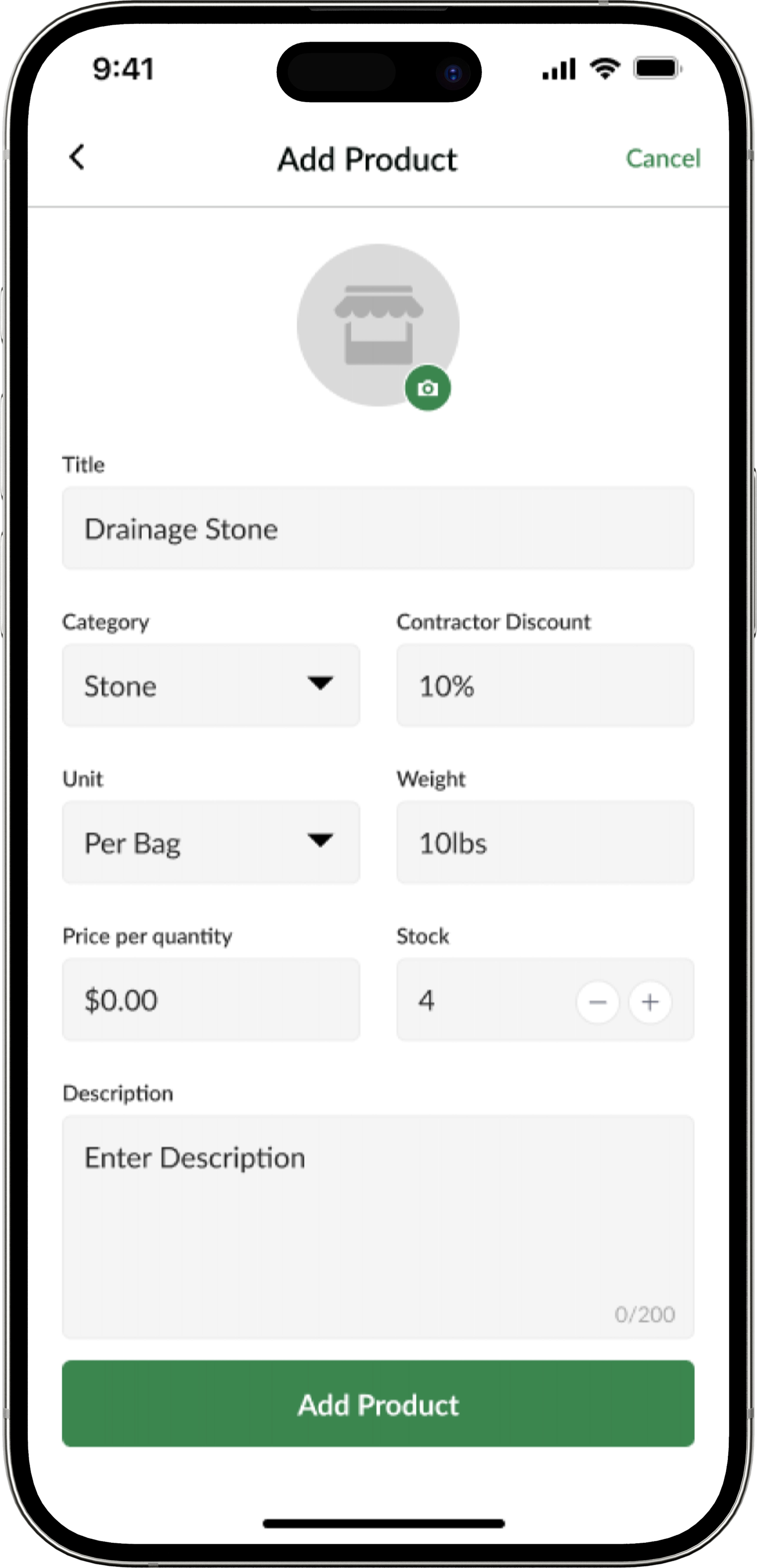 Adding a product with photos, pricing, and unit type.