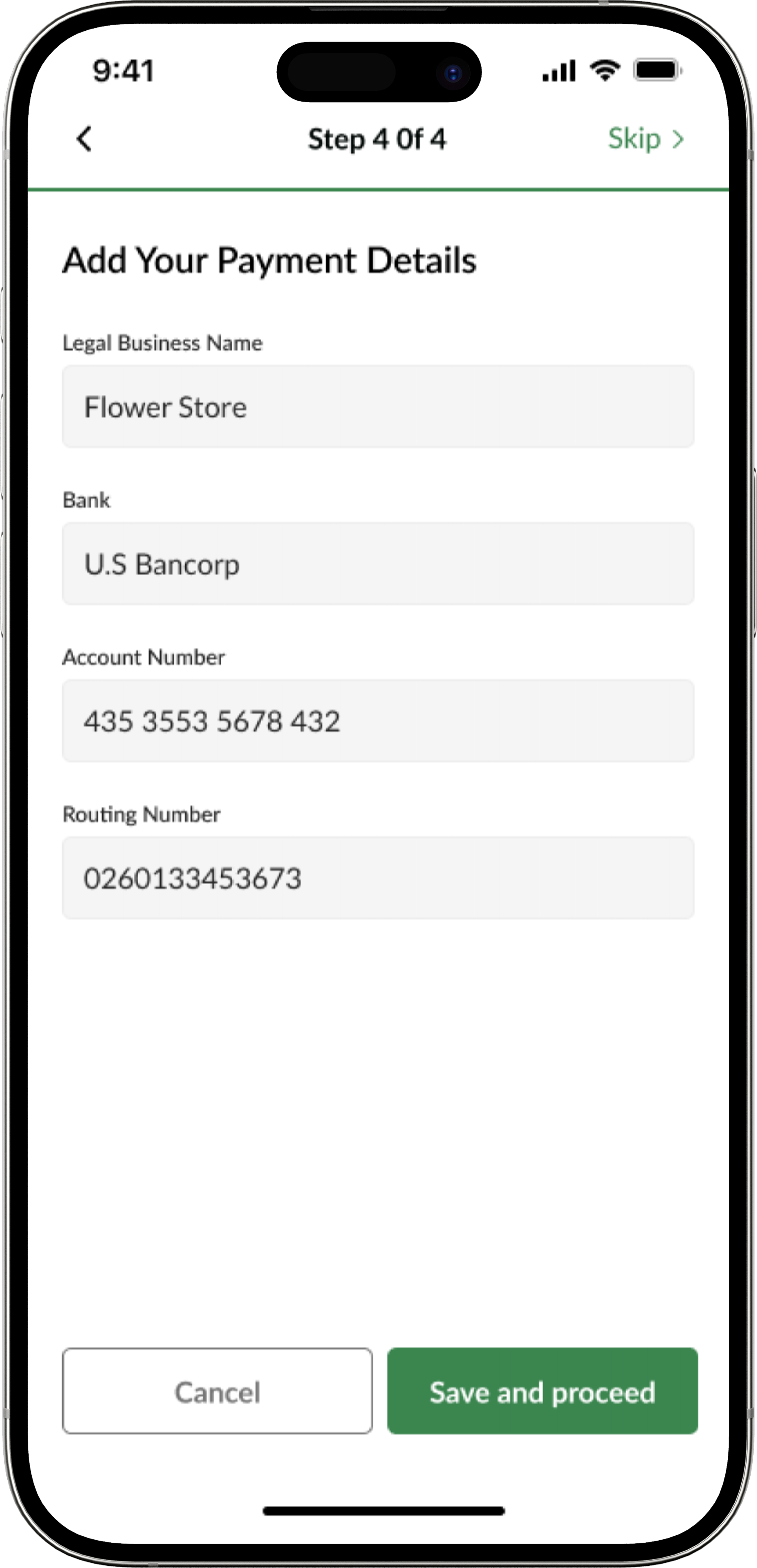 Payment details where the store owner manages payouts.