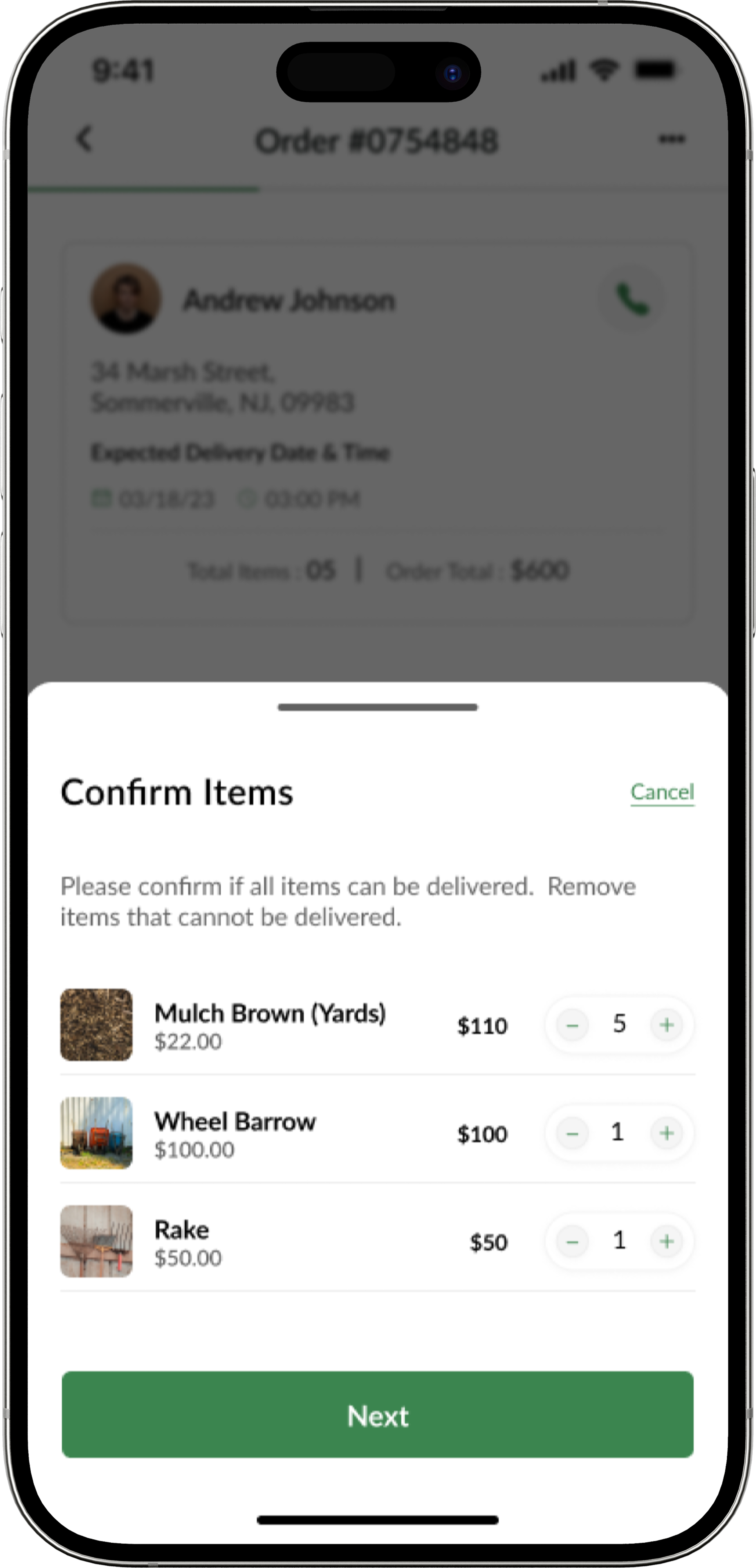 Order confirmation with items, pickup timing, and assigned driver.