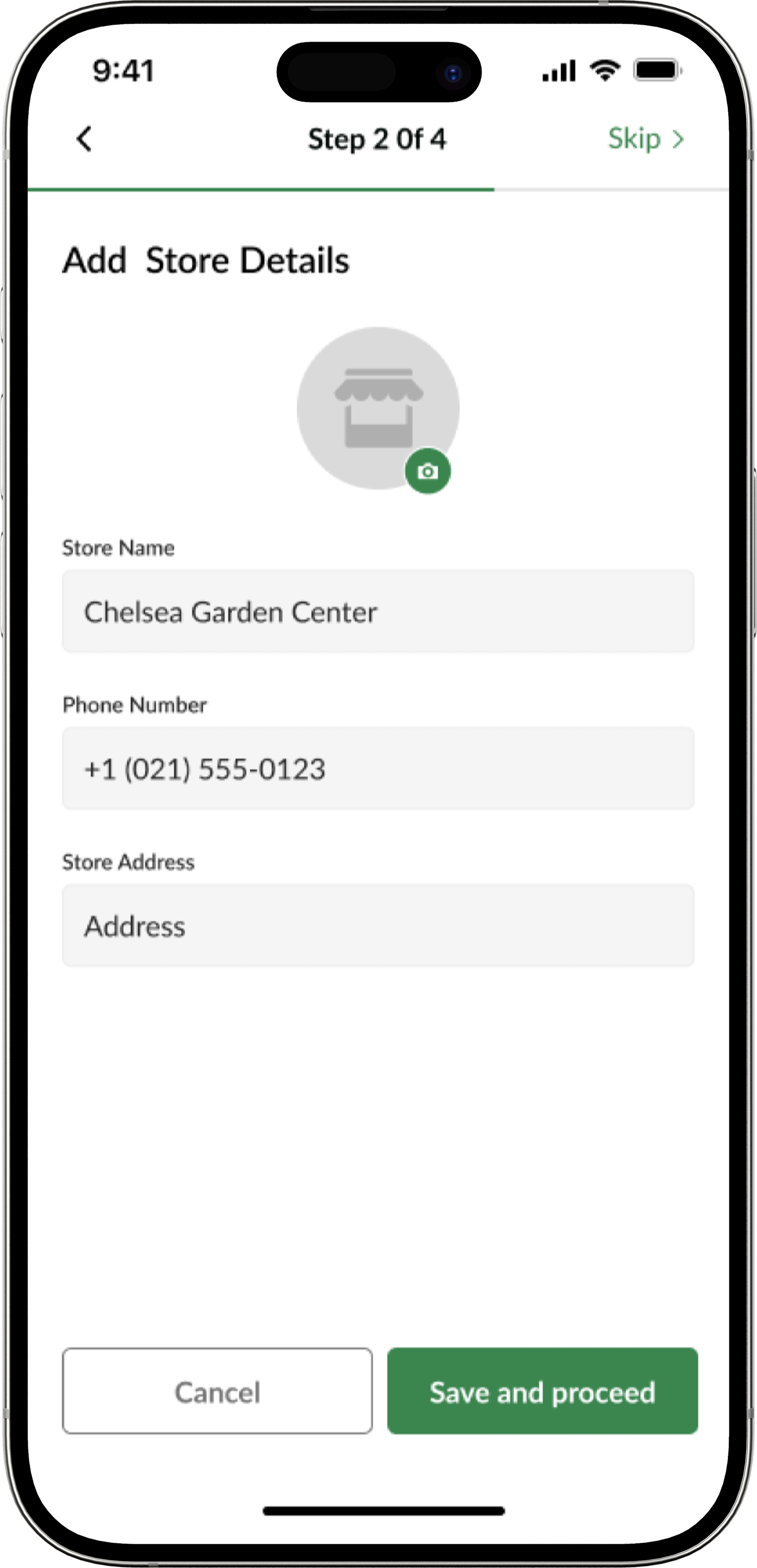Store details screen covering hours, location, and delivery radius.