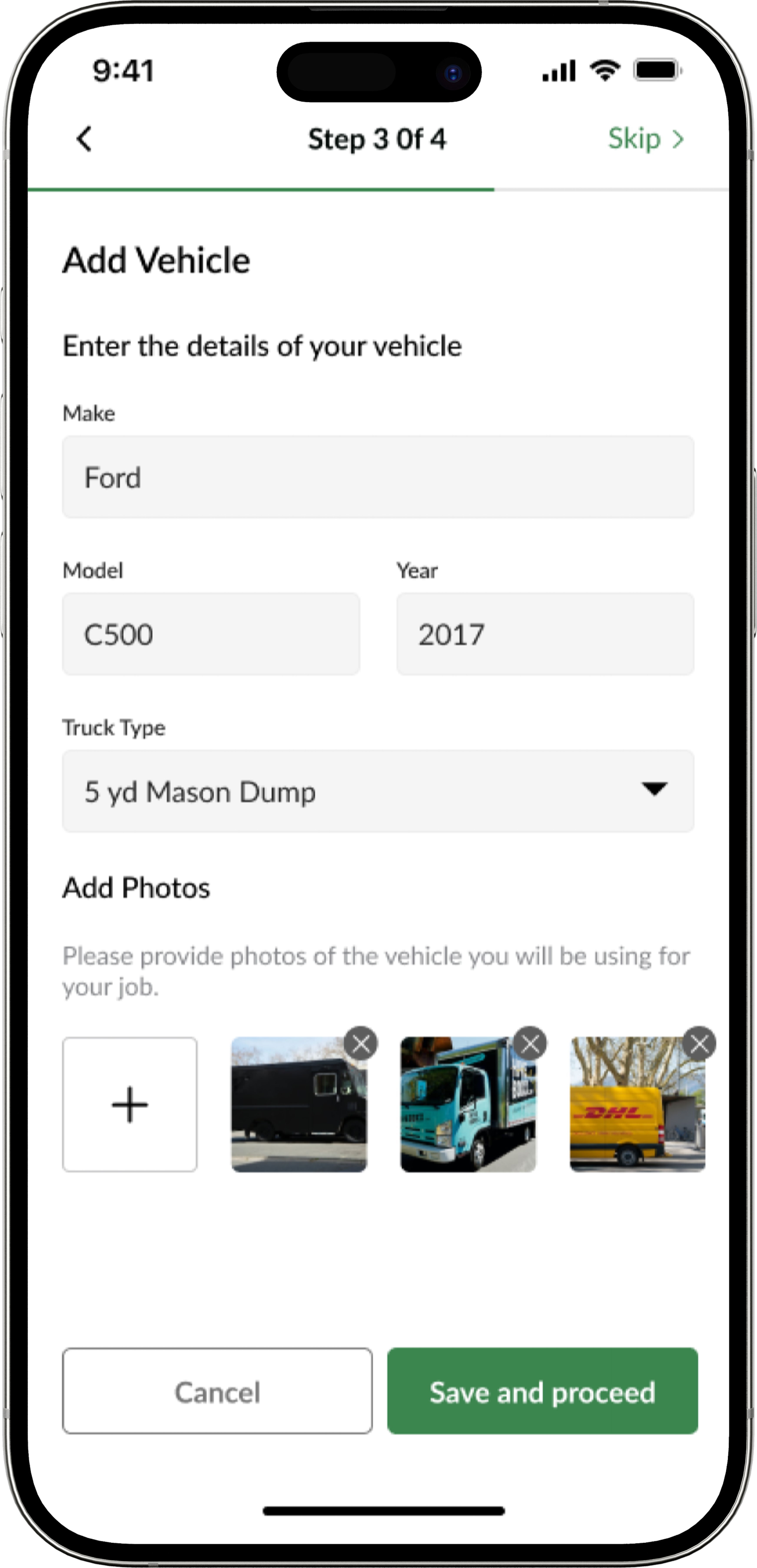 Vehicle details for the truck collecting an order from the store.