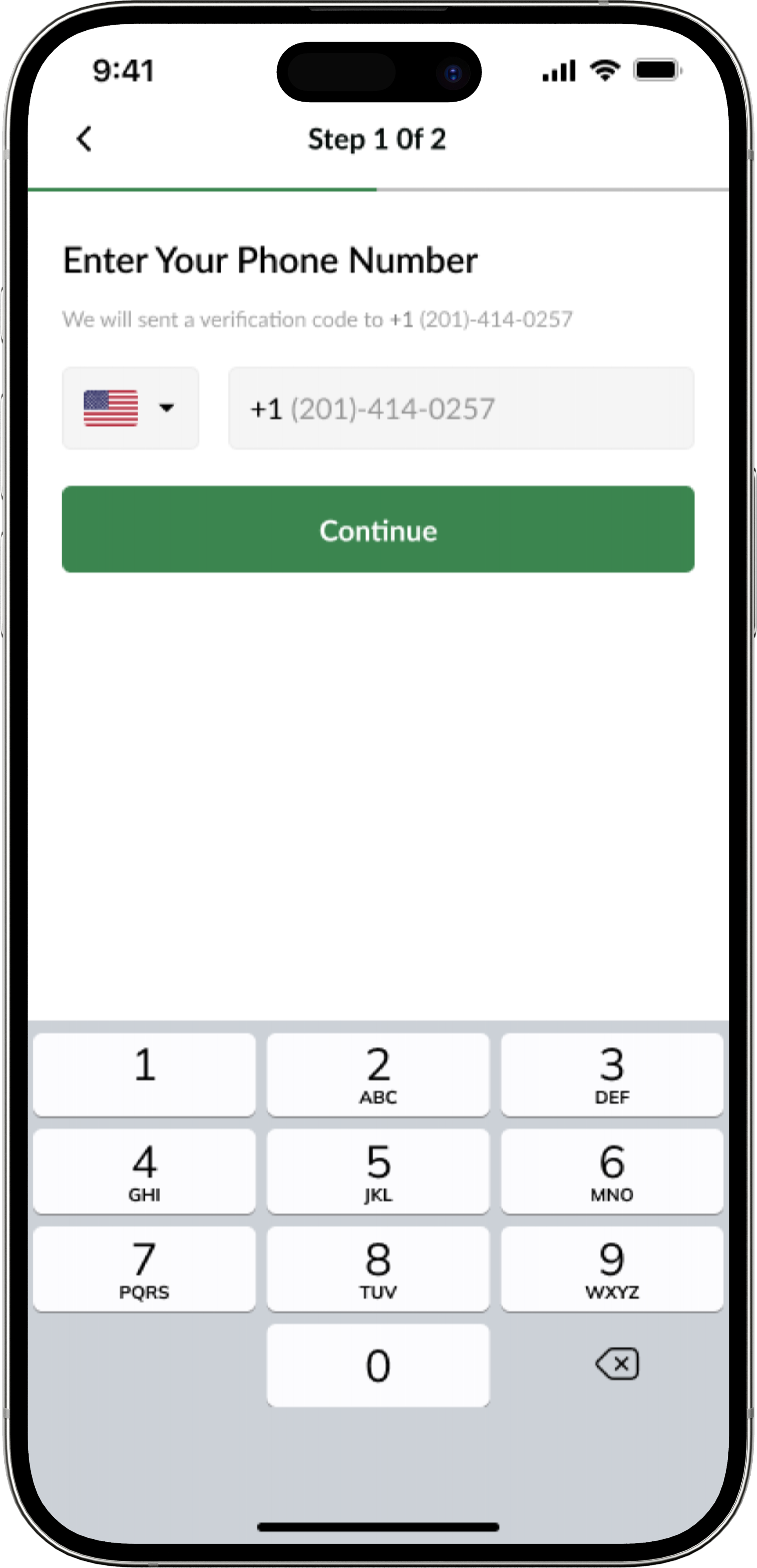 Phone number entry with a numeric keypad to start signing up.
