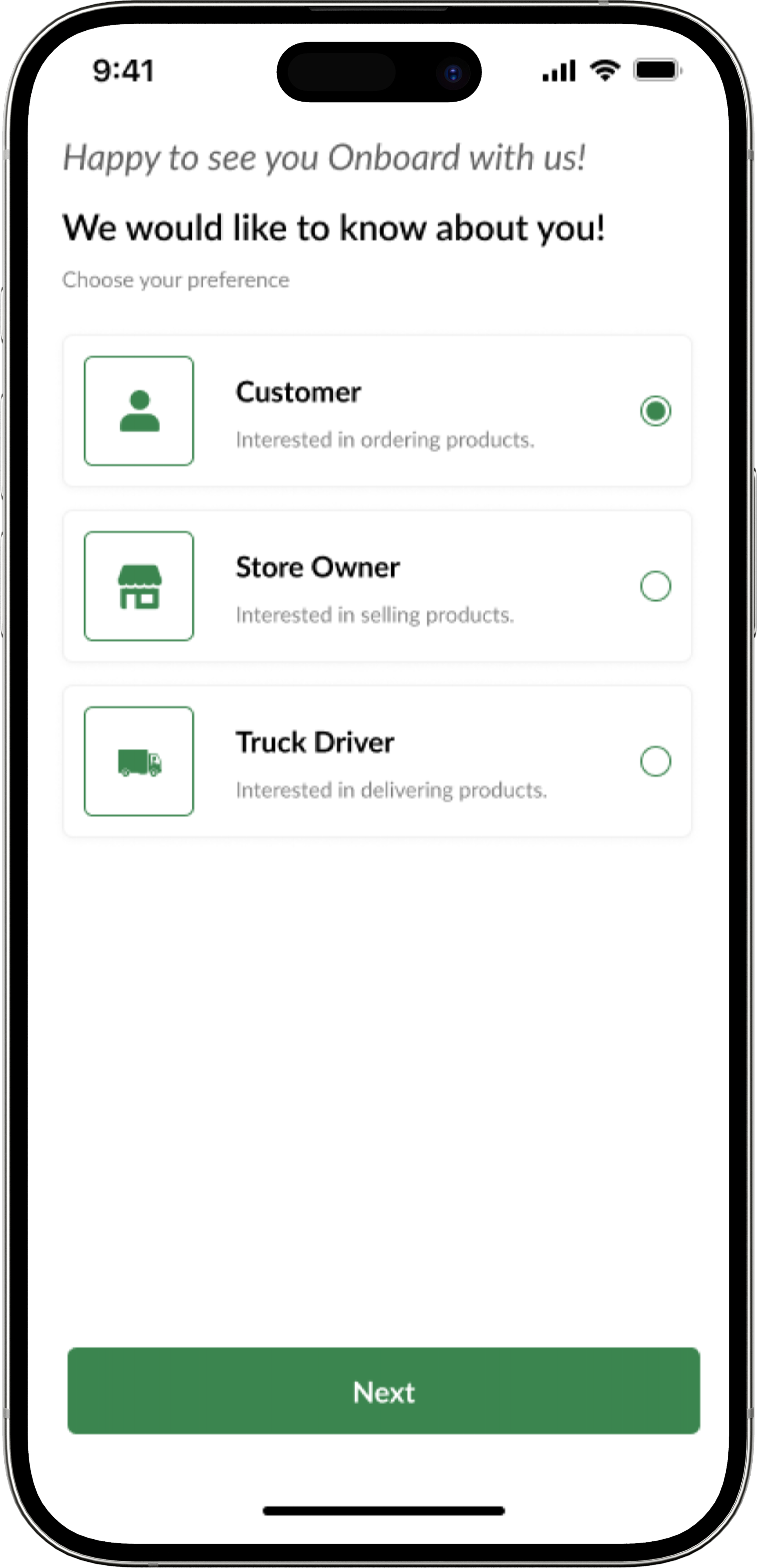 Choosing an account type: customer, store owner, or truck driver.