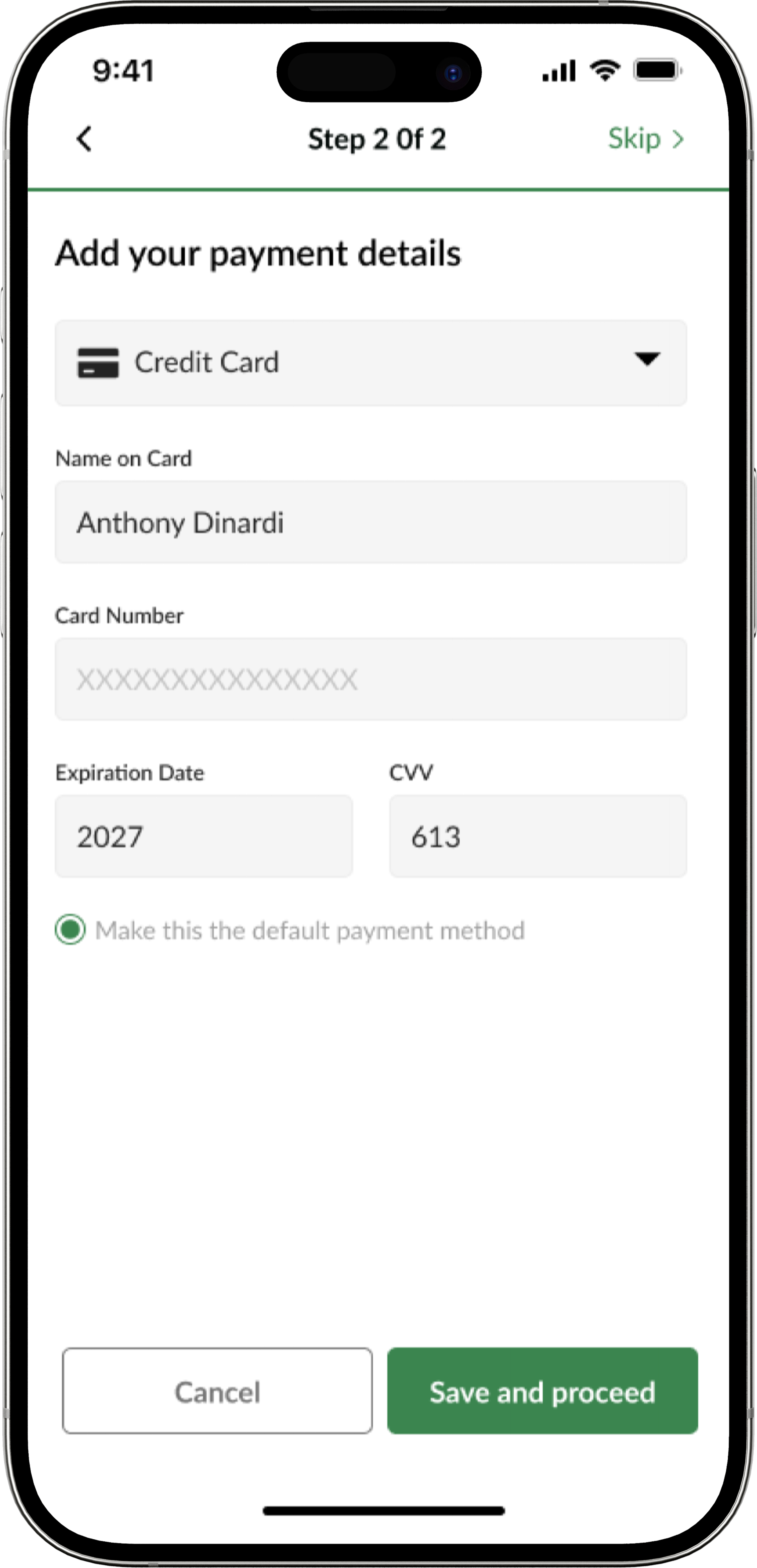 Adding a payment card to complete customer account setup.