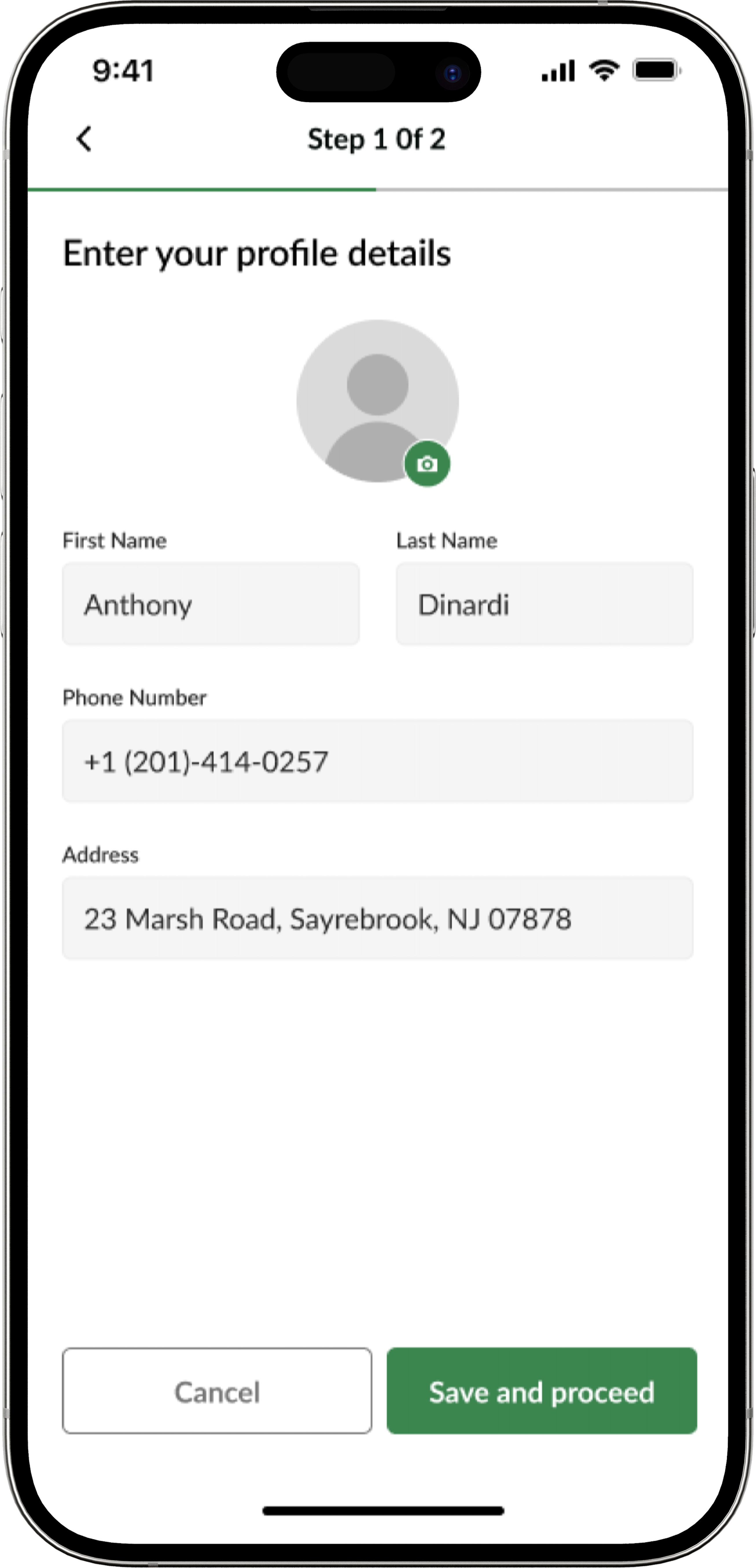 Entering name and delivery address during customer onboarding.