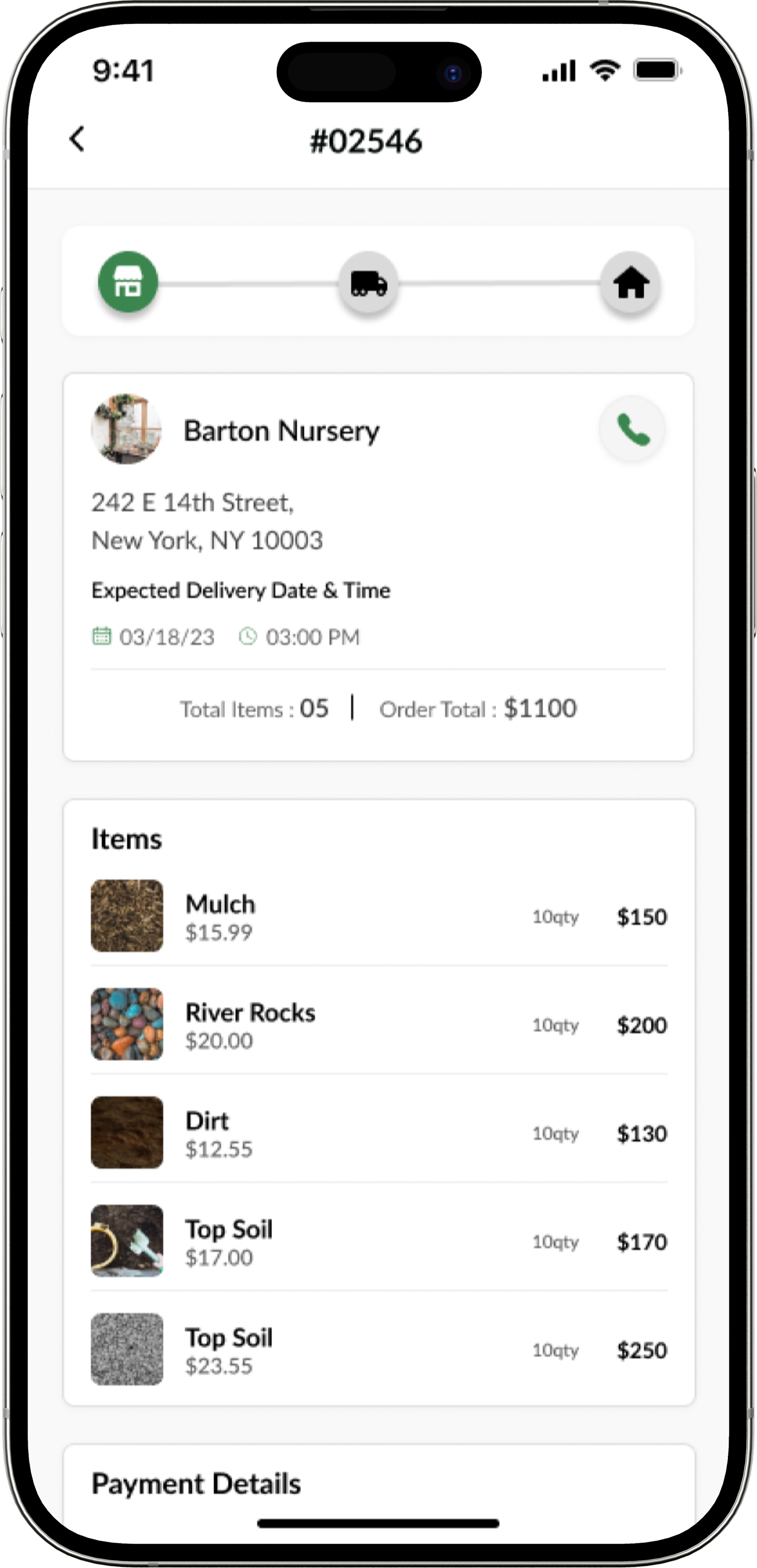 Order details confirming items, delivery timing, and driver assignment.