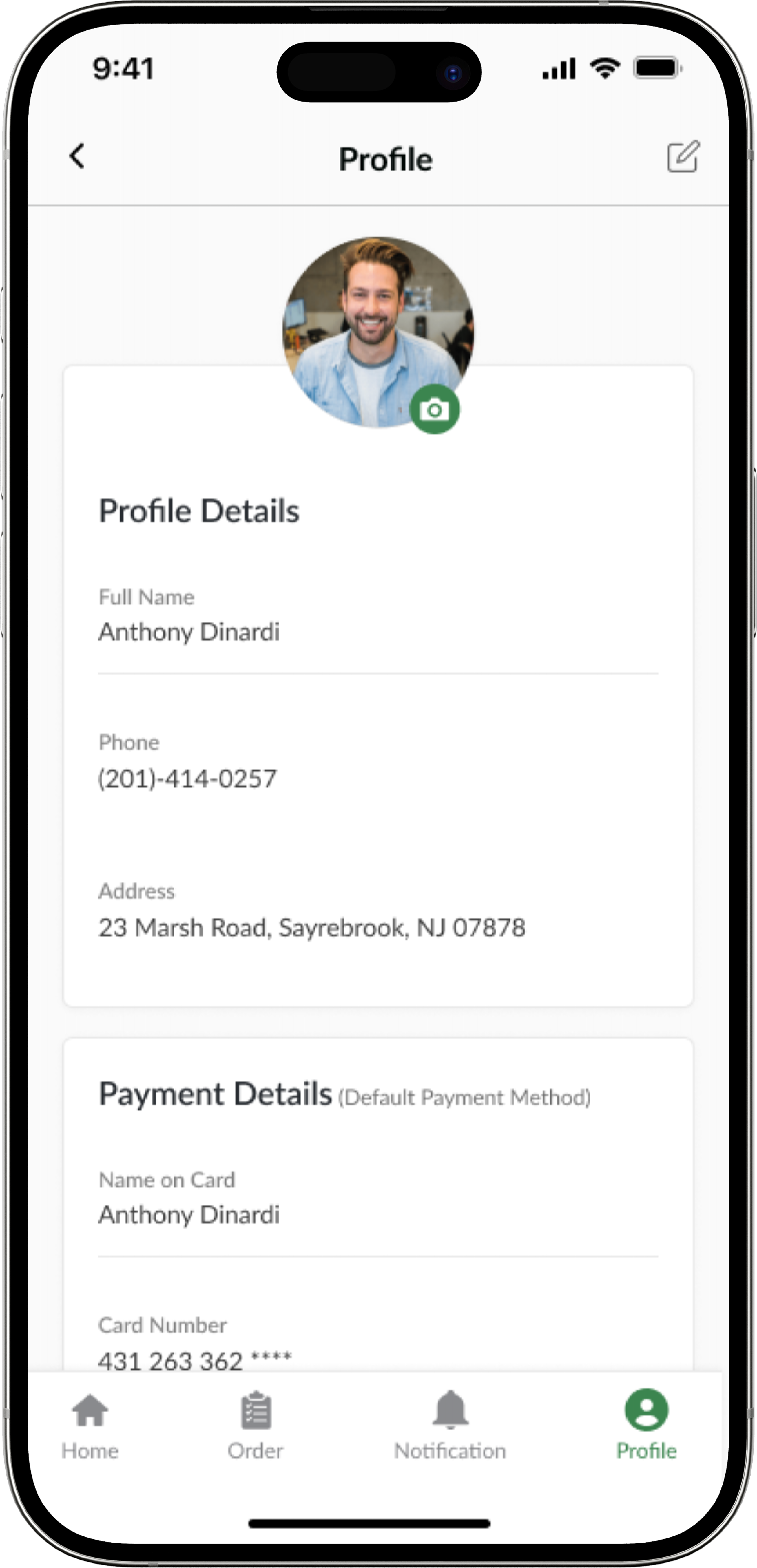 Customer profile with saved addresses, payment methods, and order history.