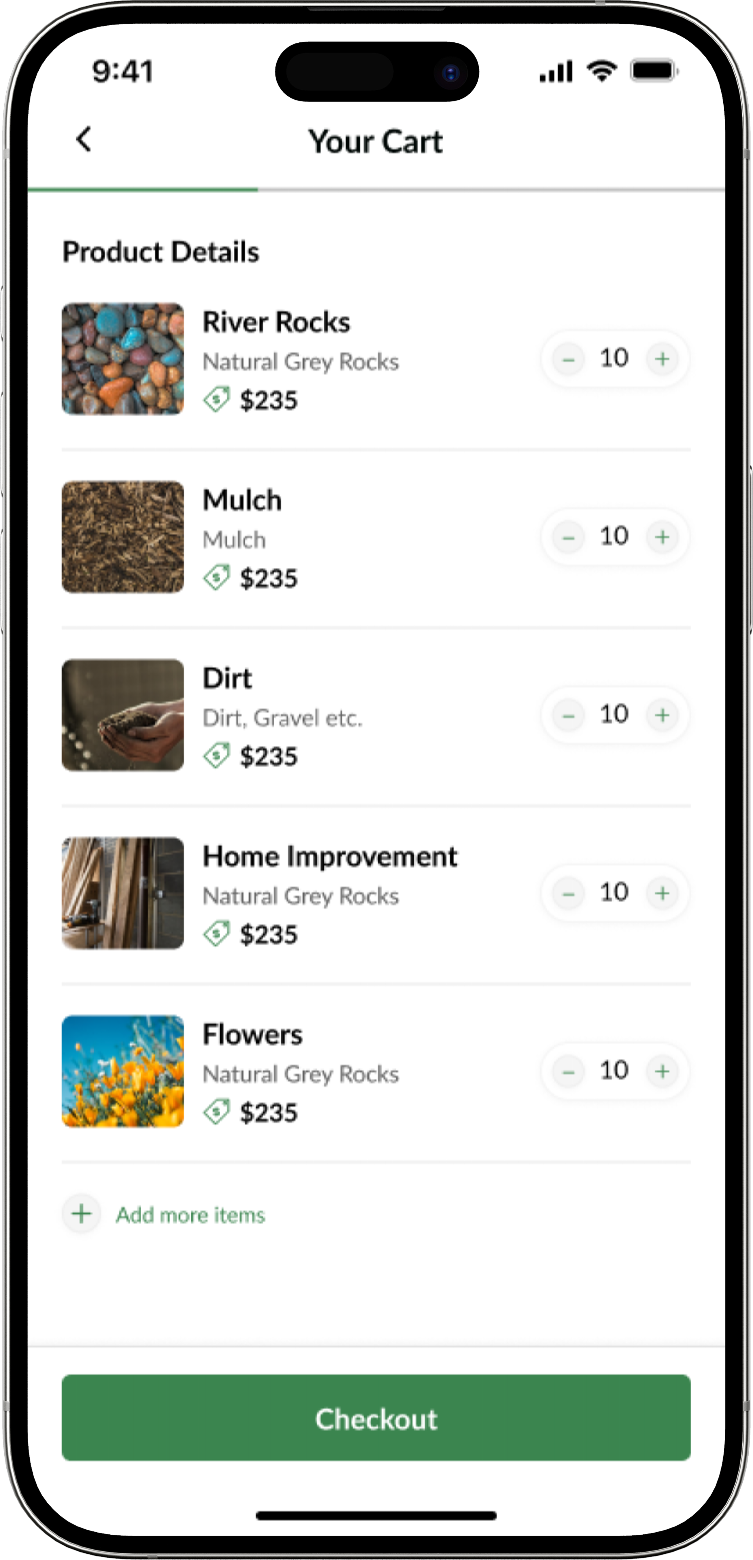 Cart showing selected materials, quantities, and delivery totals.