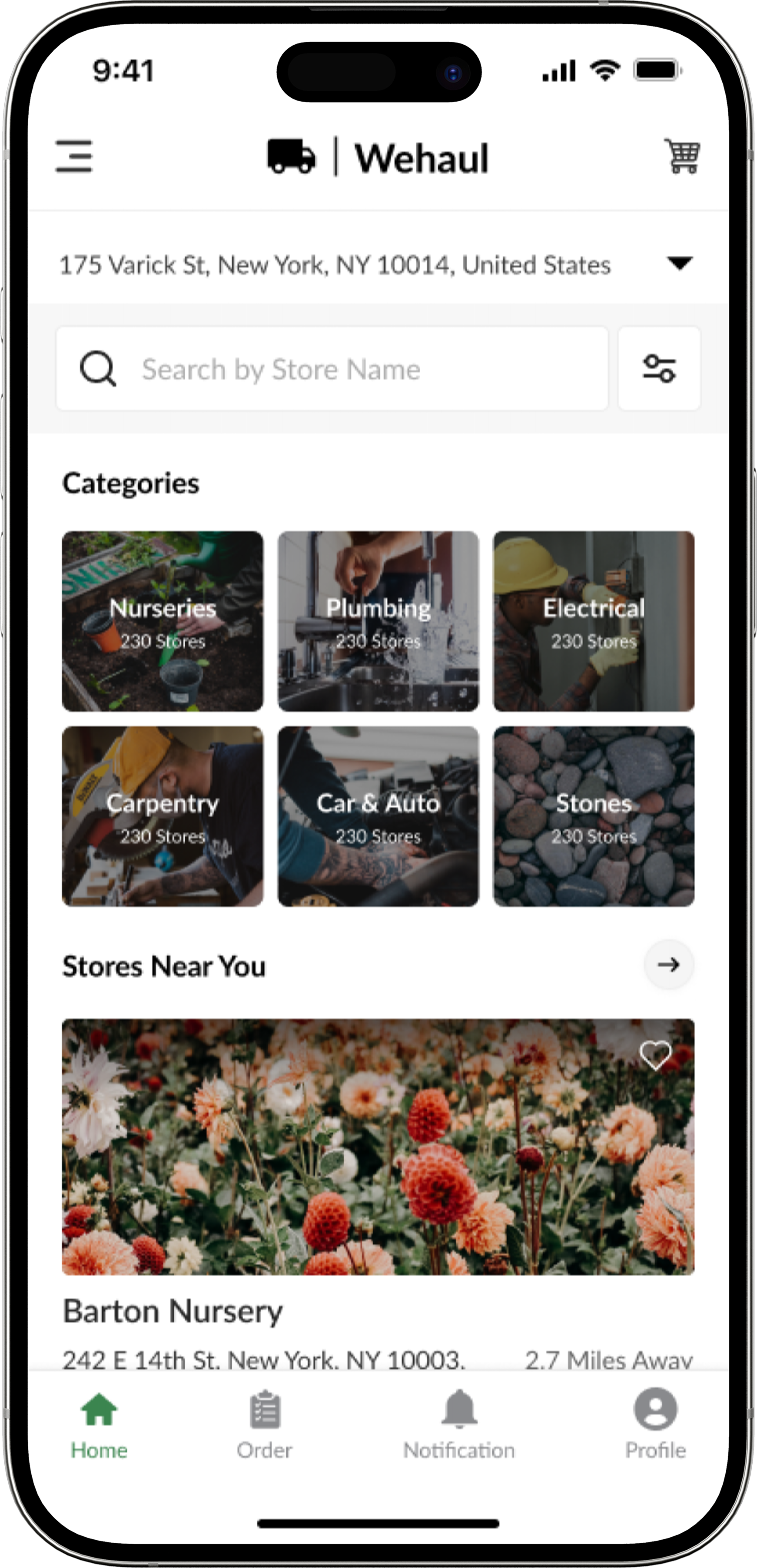 Customer home screen with material categories and nearby nurseries.