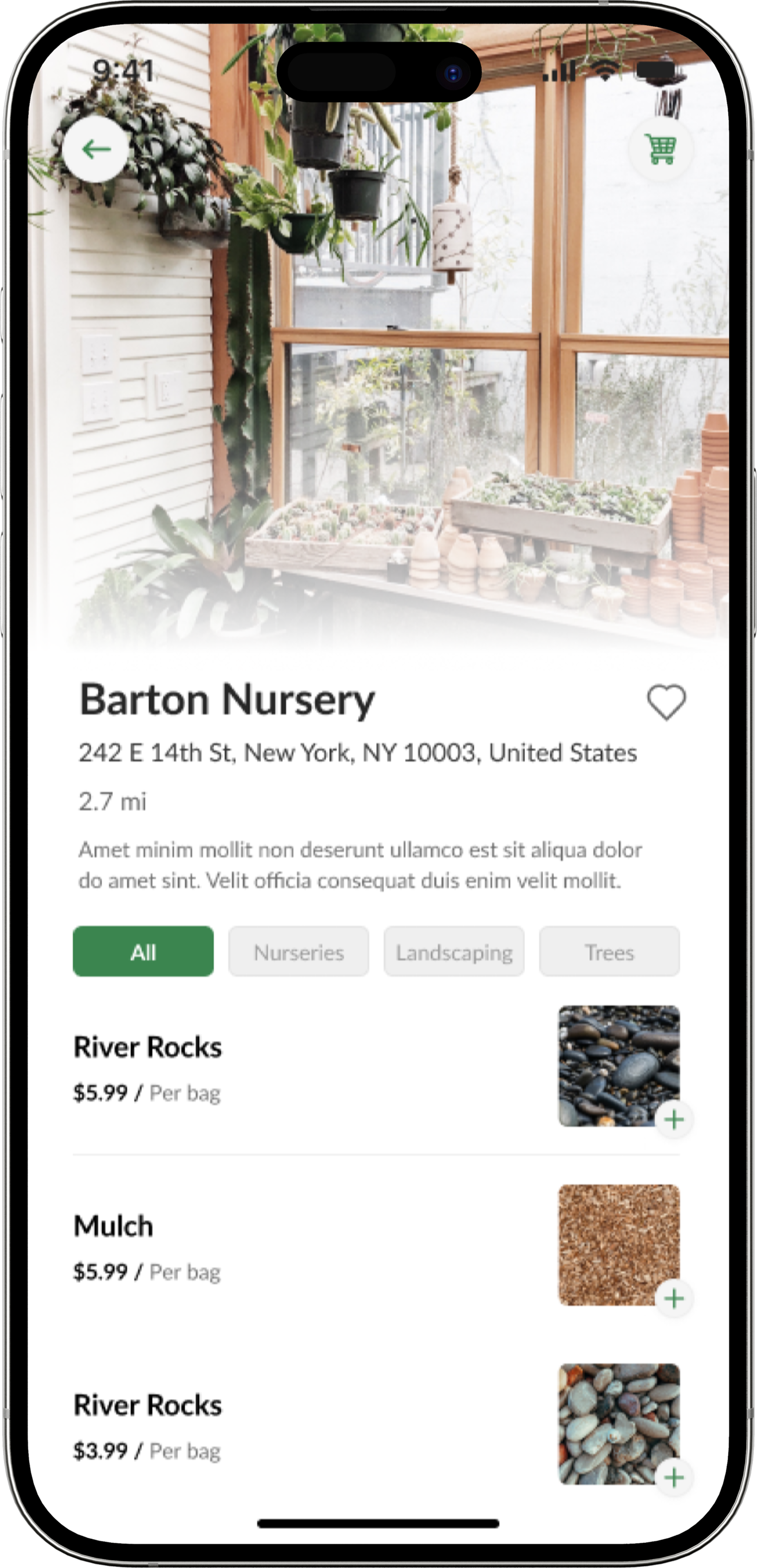 Product detail for a landscaping material, with price per unit and add to cart.