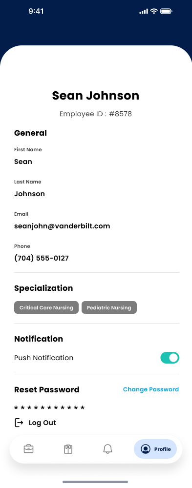 Profile screen showing the user's details, shift history, and account settings.
