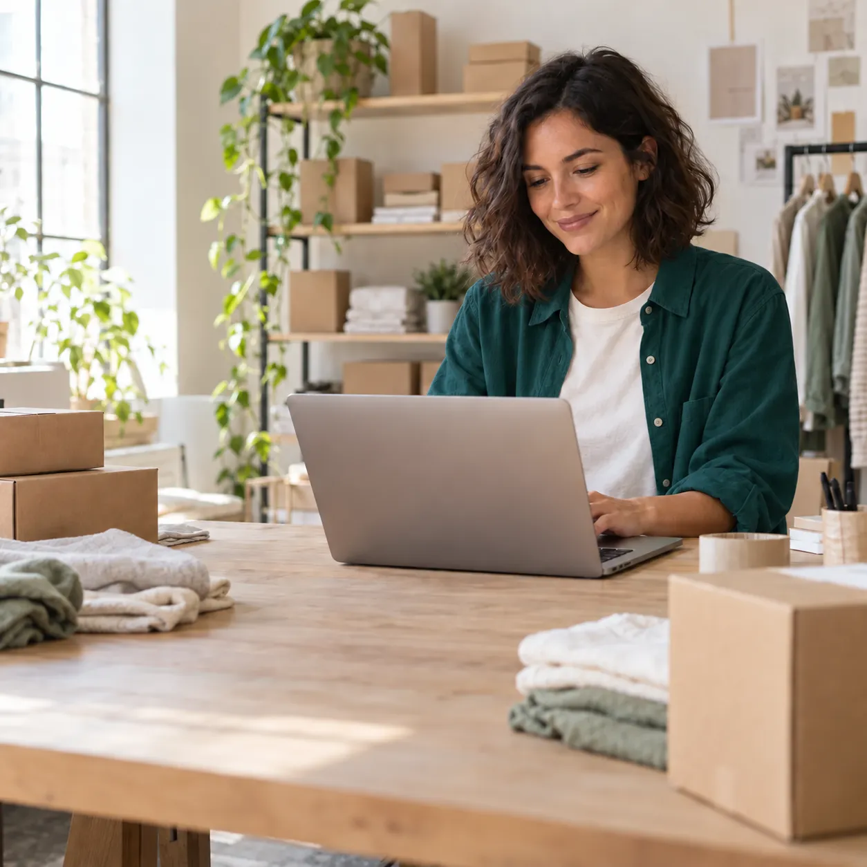 Ecommerce founder in a dark green shirt working at her laptop beside shipping boxes