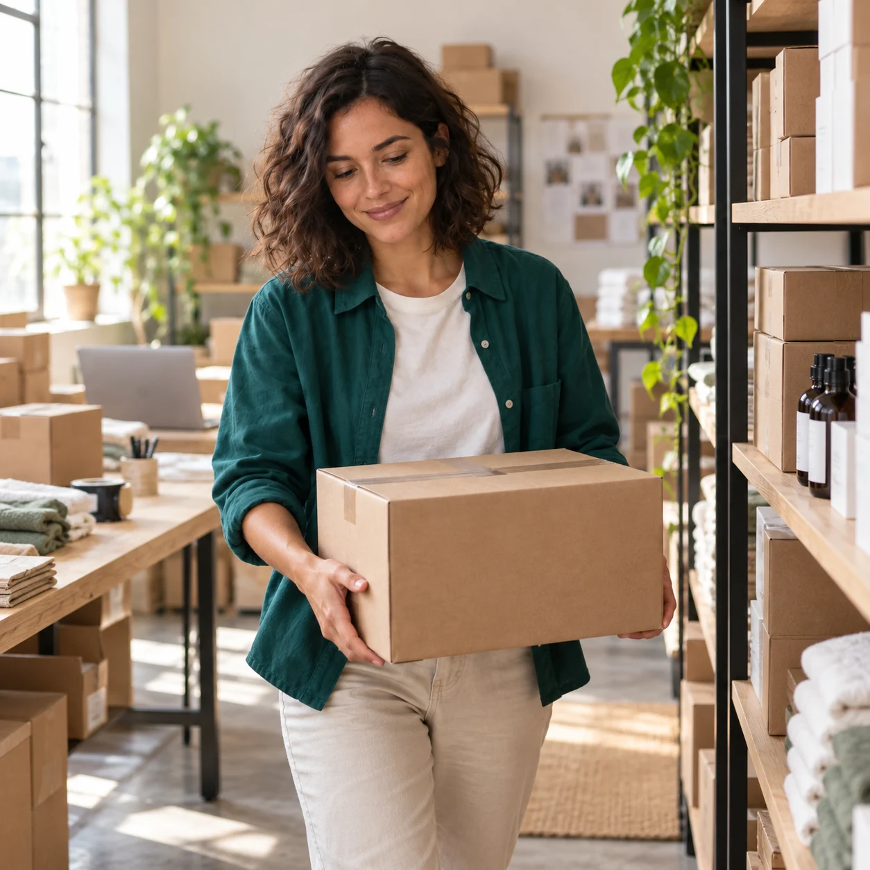 Ecommerce founder in a dark green shirt carrying a product box through her fulfillment warehouse