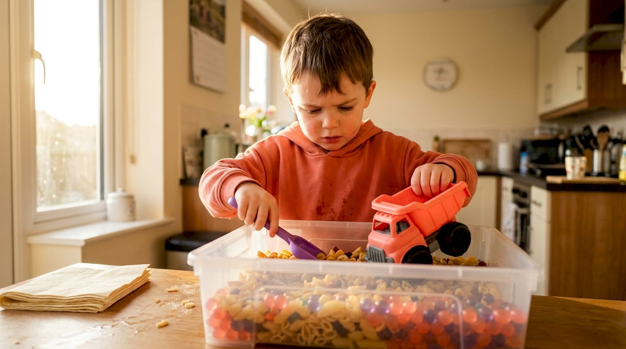 Child exploring sensory bin in kitchen