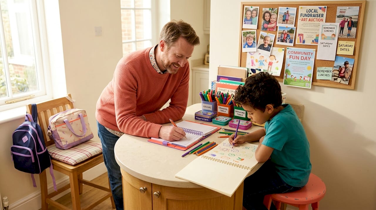 Father and son planning daily routine together