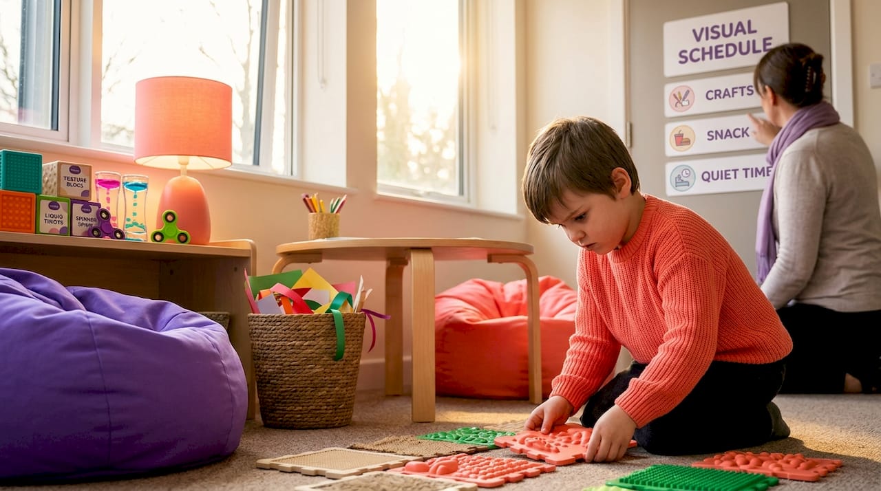 Sensory-friendly classroom with learning activities visible