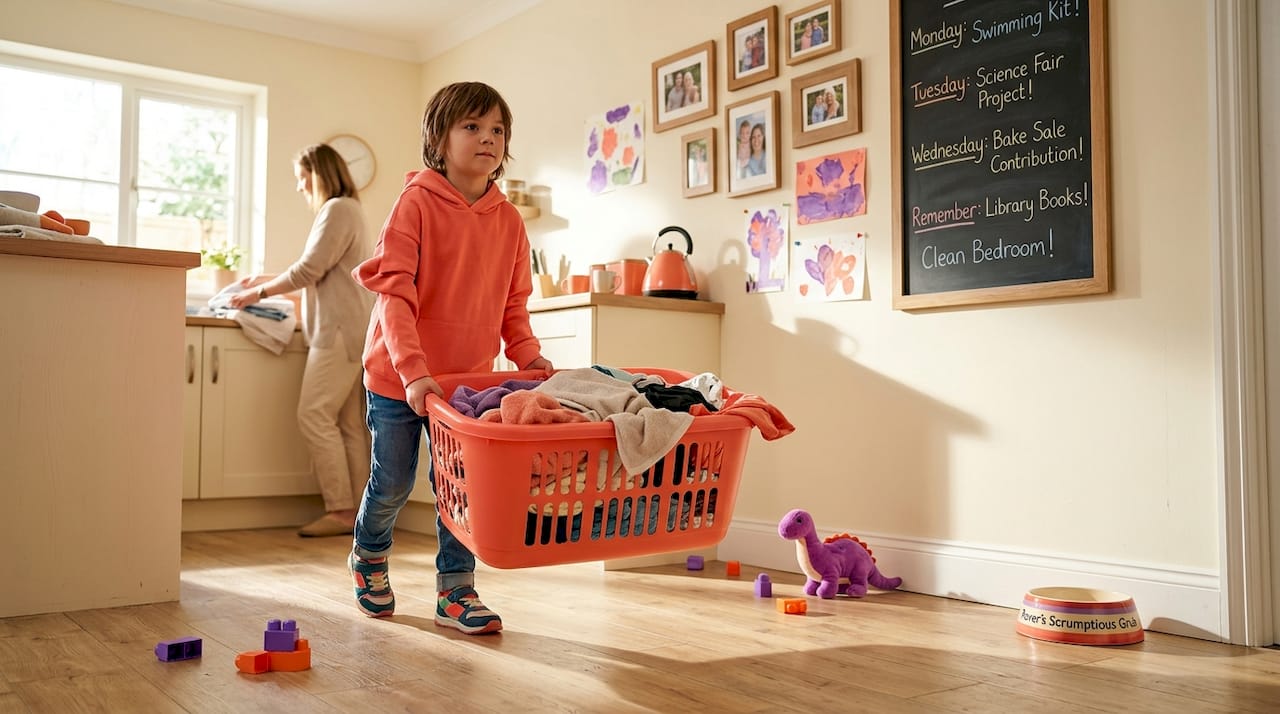 Child pushing laundry basket down hallway