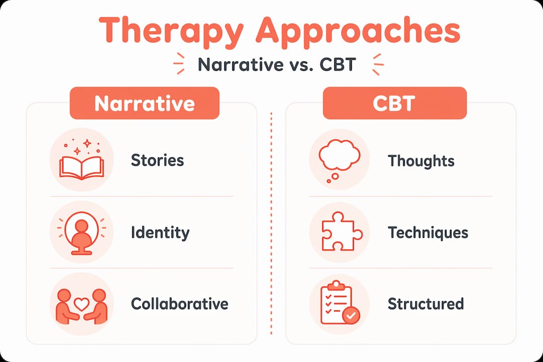 Infographic comparing narrative therapy and CBT