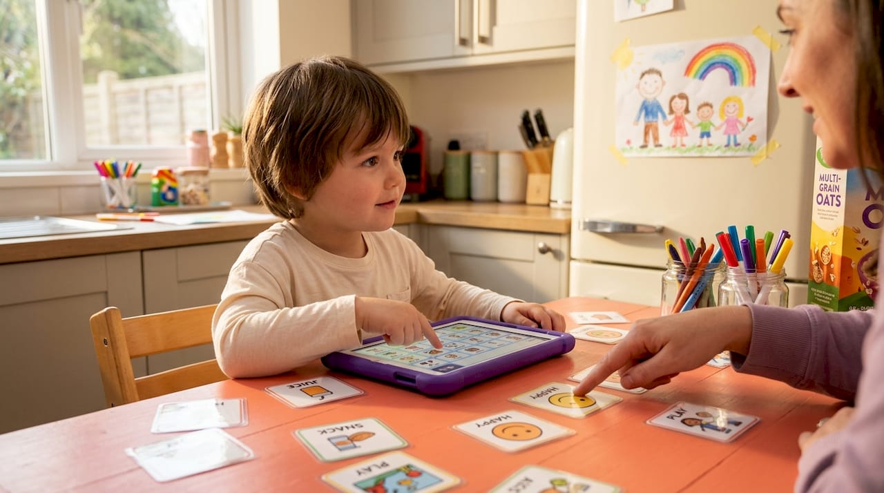 Child using AAC device with parent at kitchen table