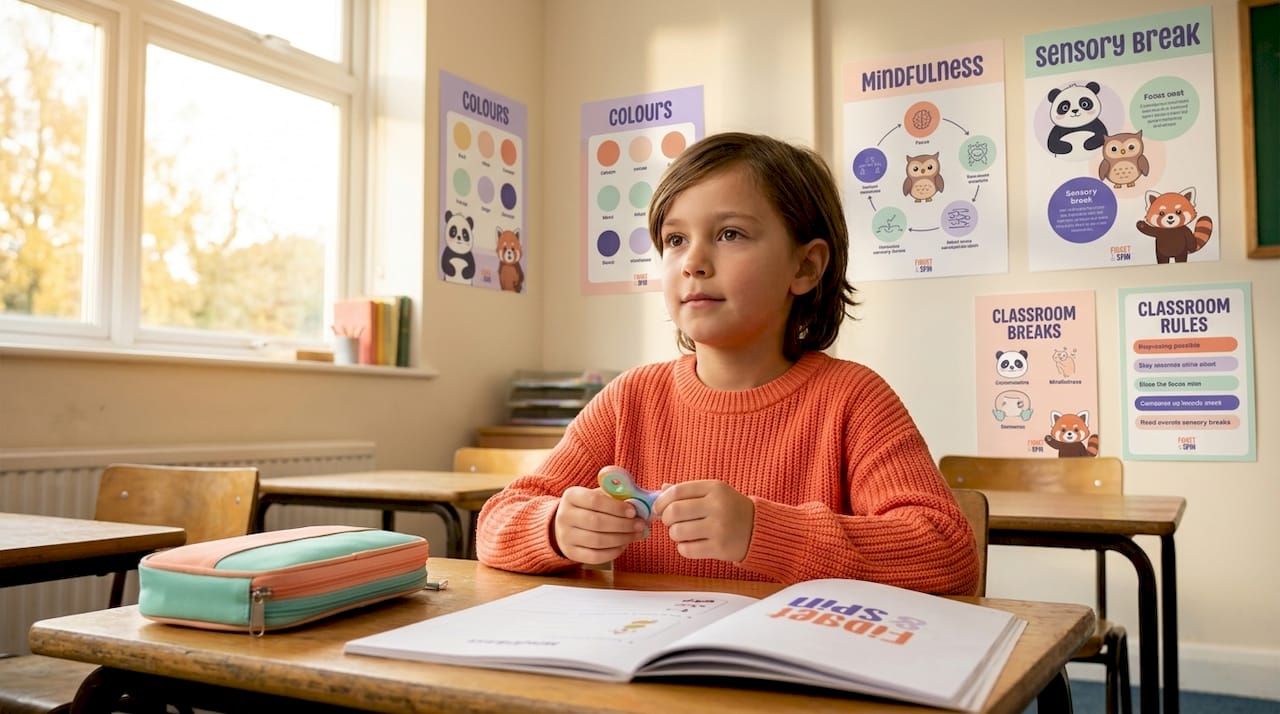 Child fidgeting with cube in classroom