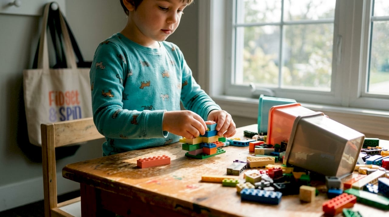 Child's hands sorting LEGO bricks in playroom