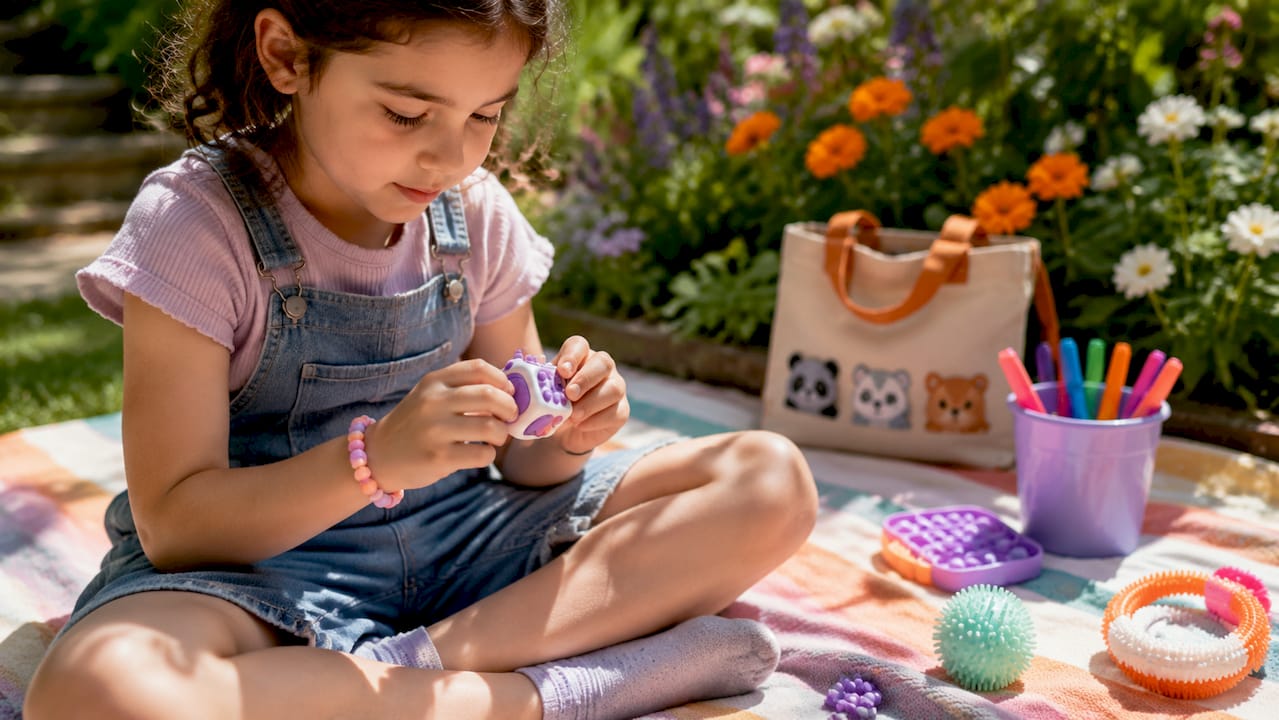 Hands with silicone ring fidget and puzzle on table