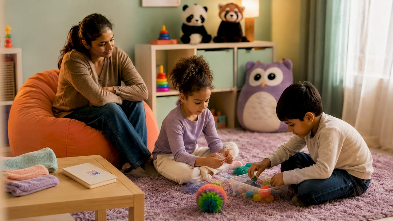 Parent calmly observing playgroup notes at home