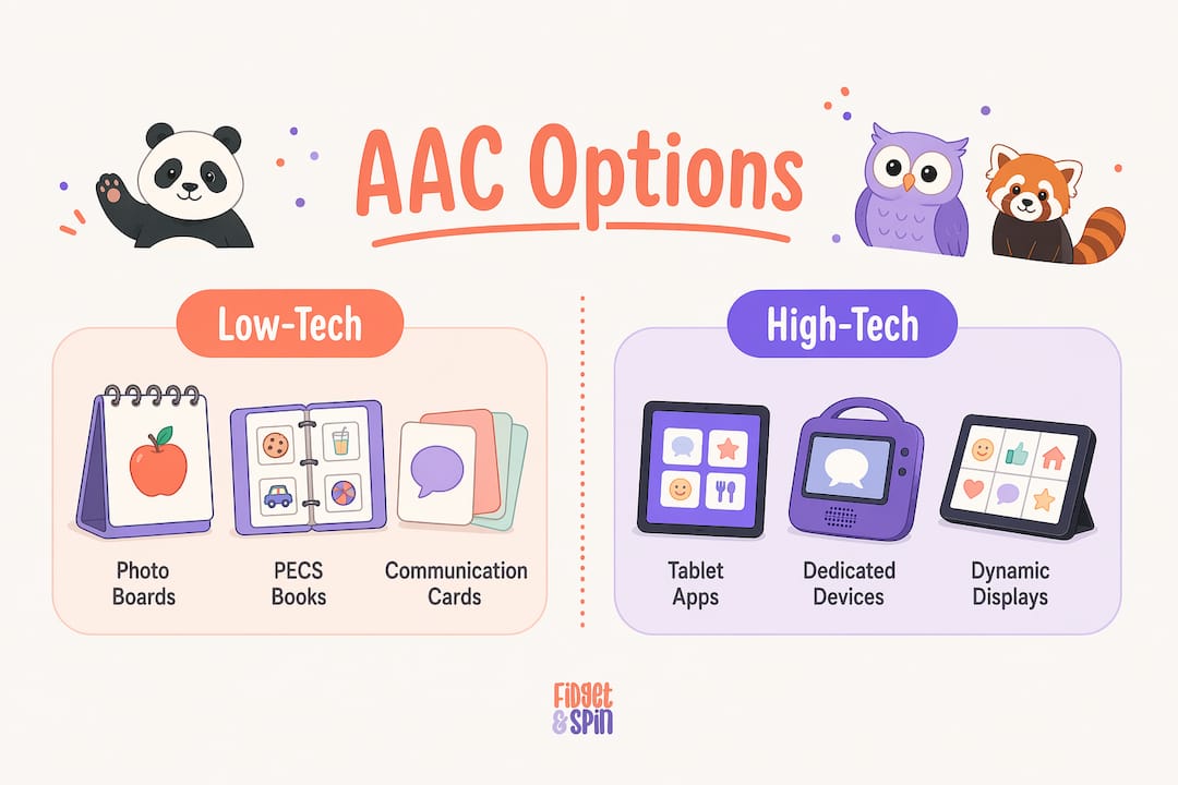 Infographic comparing low-tech and high-tech AAC options