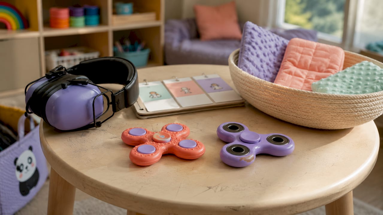 Table with sensory regulation birthday tools