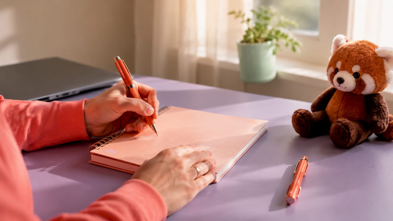 Close-up of hands writing behavioural diary notes