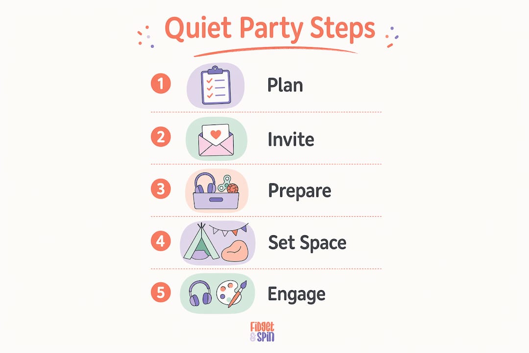 Infographic outlining steps for quiet birthday party