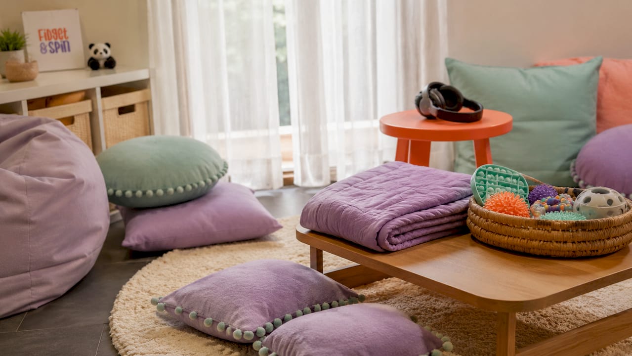 Calming quiet space setup with sensory items