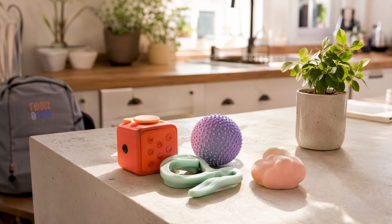 Sensory fidget toolkit items on table close-up