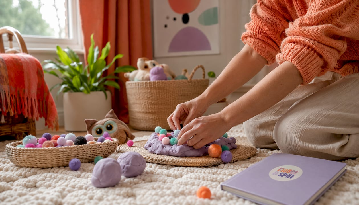 Parent arranging sensory play materials at home