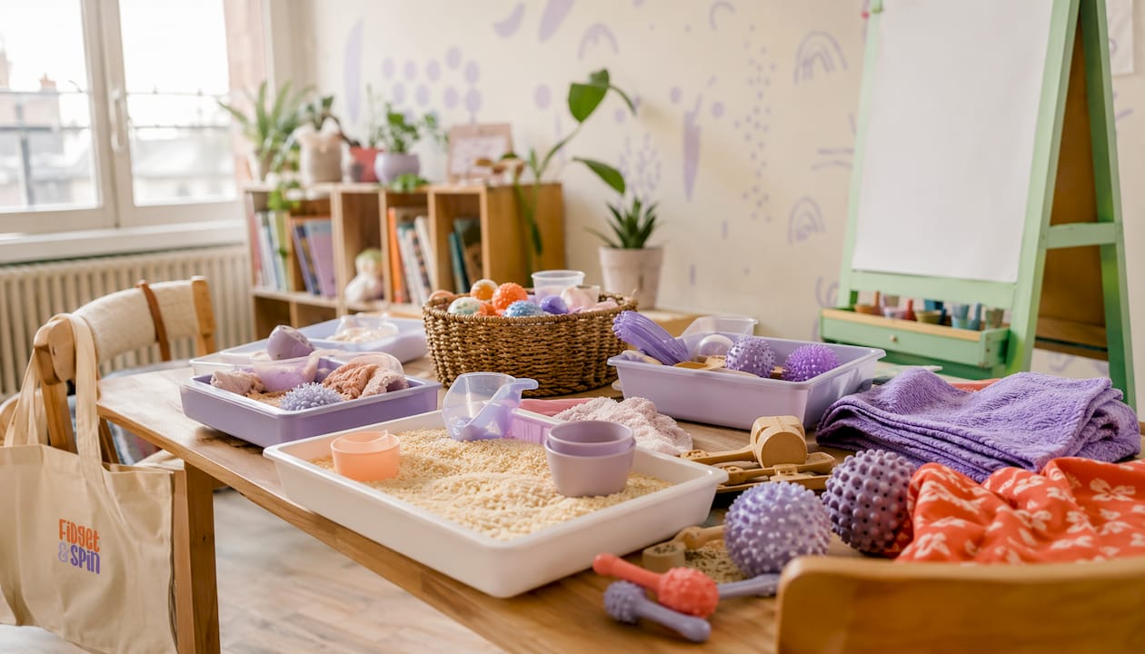 Organized sensory play resources on shelf