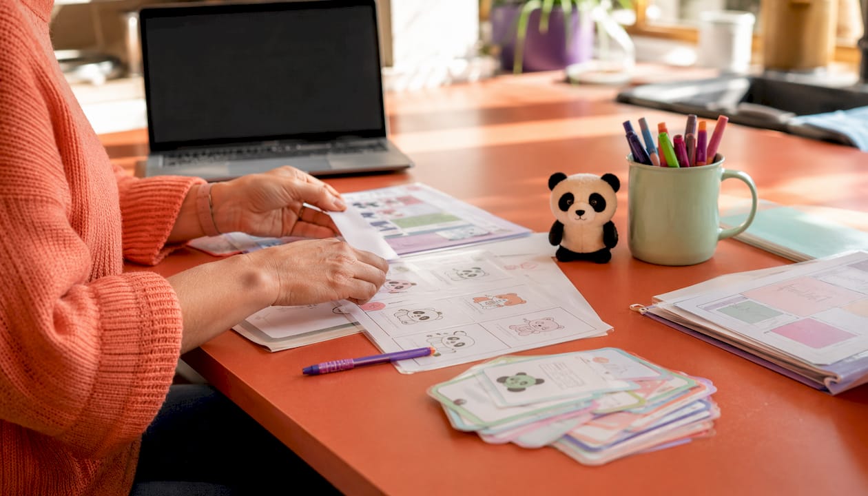 Hands arranging ELSA training materials on desk
